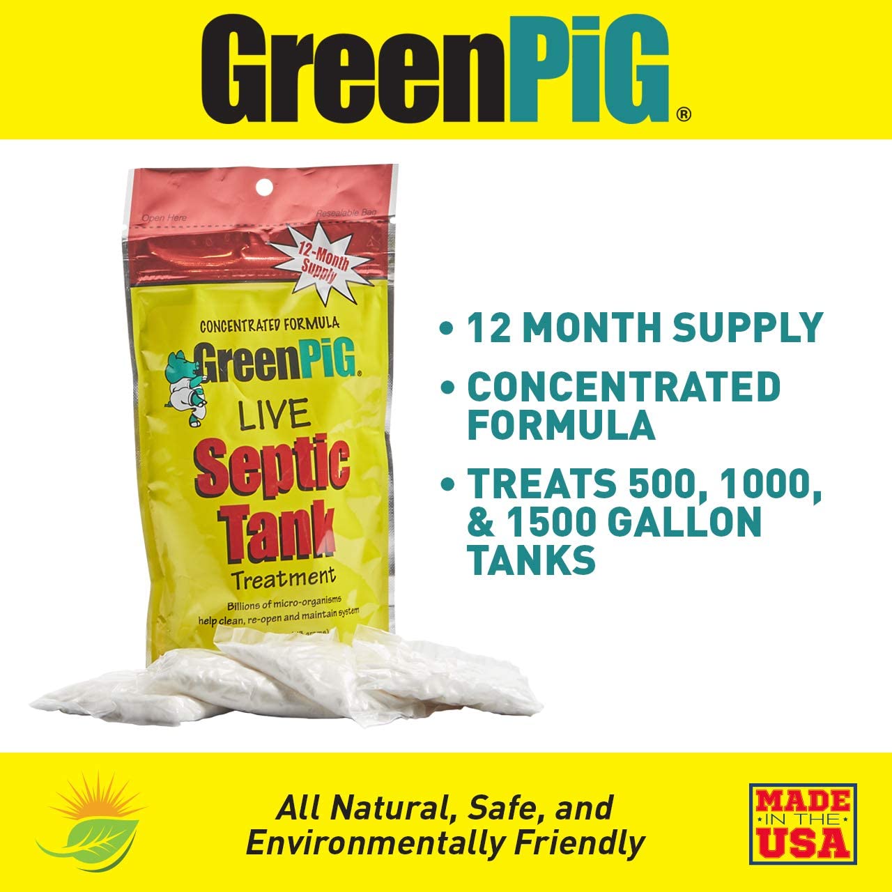 GREEN PIG 61 Live Tank Treatment Aids in The Breakdown of Septic Waste to Prevent Backups with Easy Dissolvable Flush. Consumer Strength