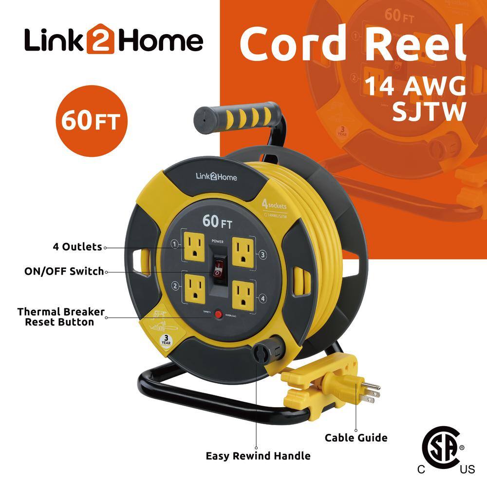 Link2Home EM-EL-600-N 60 ft. 14/3 Extension Cord Storage Reel with 4 Grounded Outlets and Overload Circuit Breaker