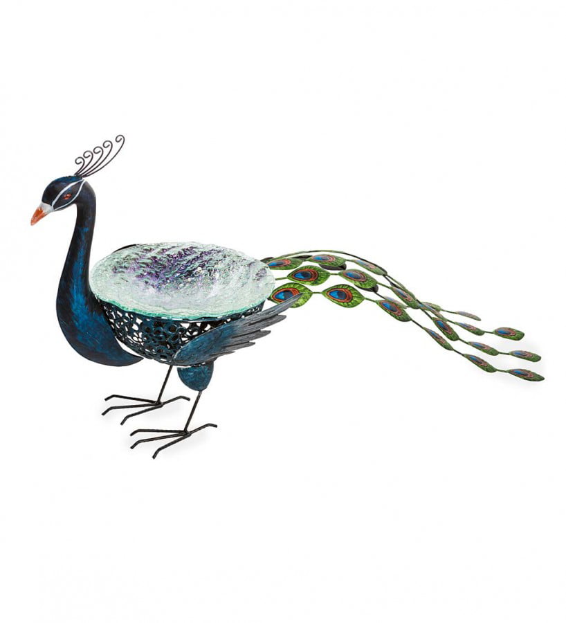 Wind & Weather Vibrant Metal Peacock Birdbath with Glass Bowl