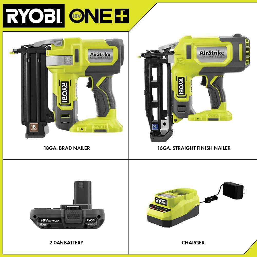 RYOBI P321-P326-PSK005 ONE+ 18V Cordless 18-Gauge Brad Nailer with 16-Gauge Straight Finish Nailer. 2.0 Ah Battery. and Charger