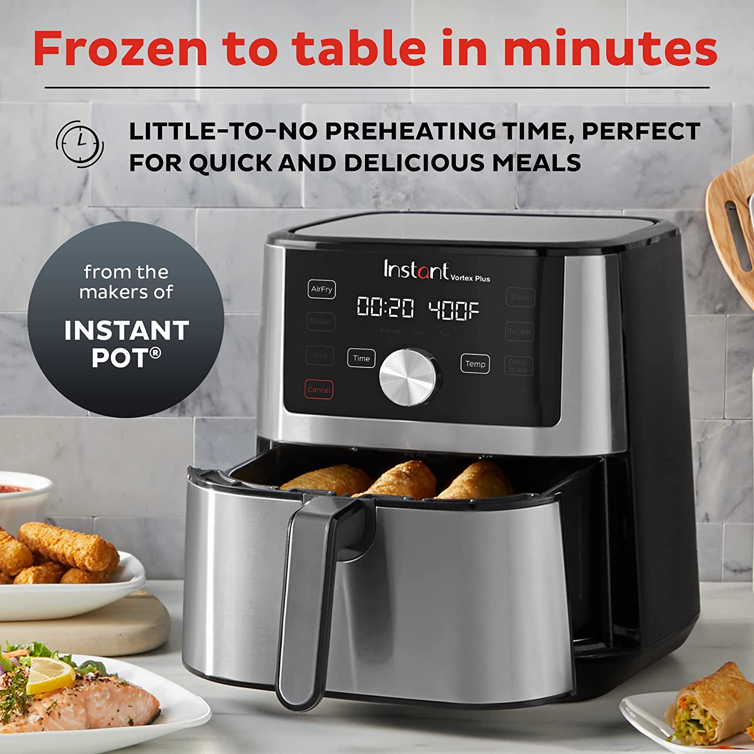 Instant Vortex Plus 6-in-1. 4QT Air Fryer Oven. From the Makers of Instant Pot with Customizable Smart Cooking Programs. Nonstick and Dishwasher-Safe Basket. App With Over 100 Recipes. Stainless Steel