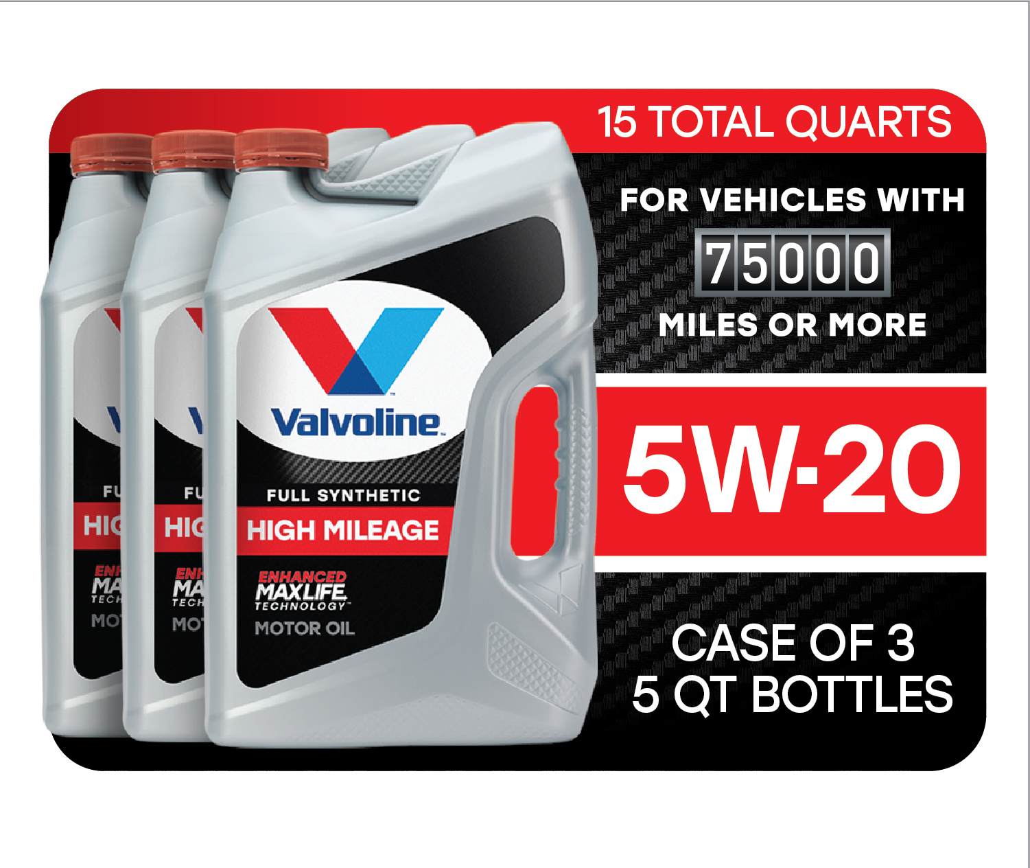 Valvoline Full Synthetic High Mileage MaxLife 5W-20 Motor Oil 5 QT. Case of 3