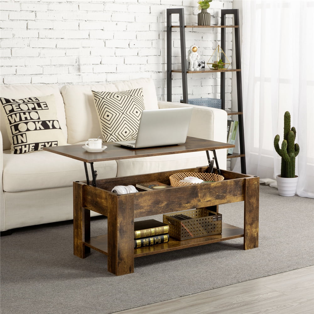 Easyfashion Modern 38.6″ Wood Lift Top Coffee Table with Lower Shelf. Rustic Brown
