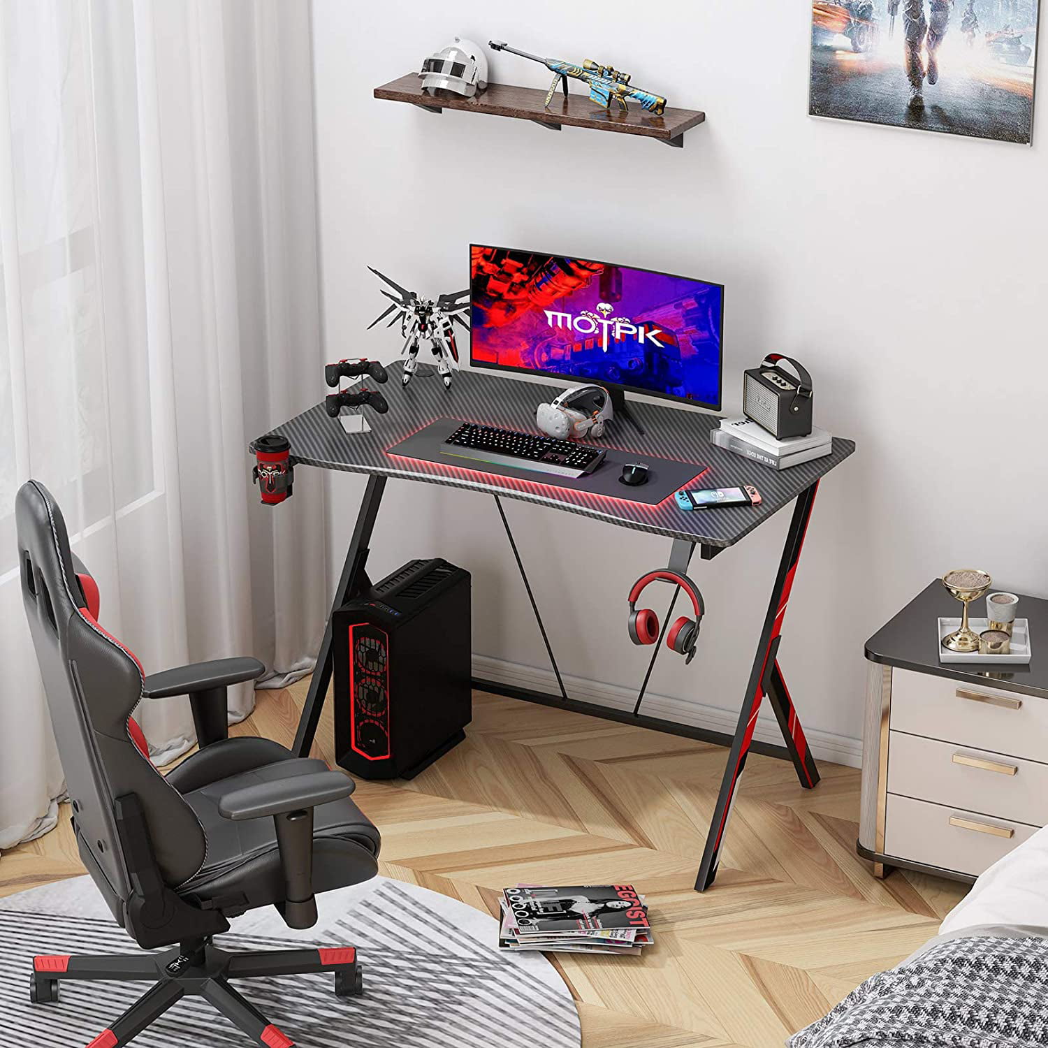 MOTPK Gaming Desk 31 Inches PC Computer Desk for Christmas Gift. Gaming Table with Headphone Hook and Cup Holder
