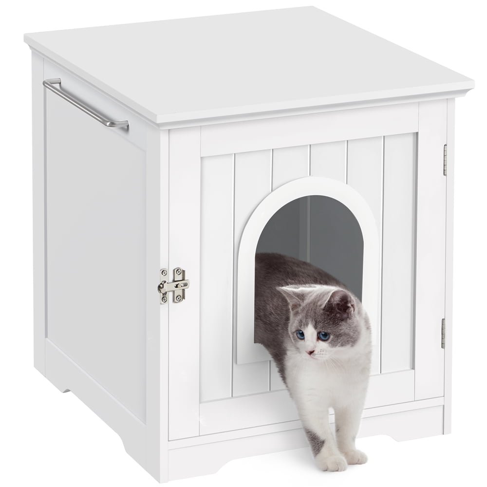 SmileMart Wooden Enclosed Litter Box Cat House Side Table. White