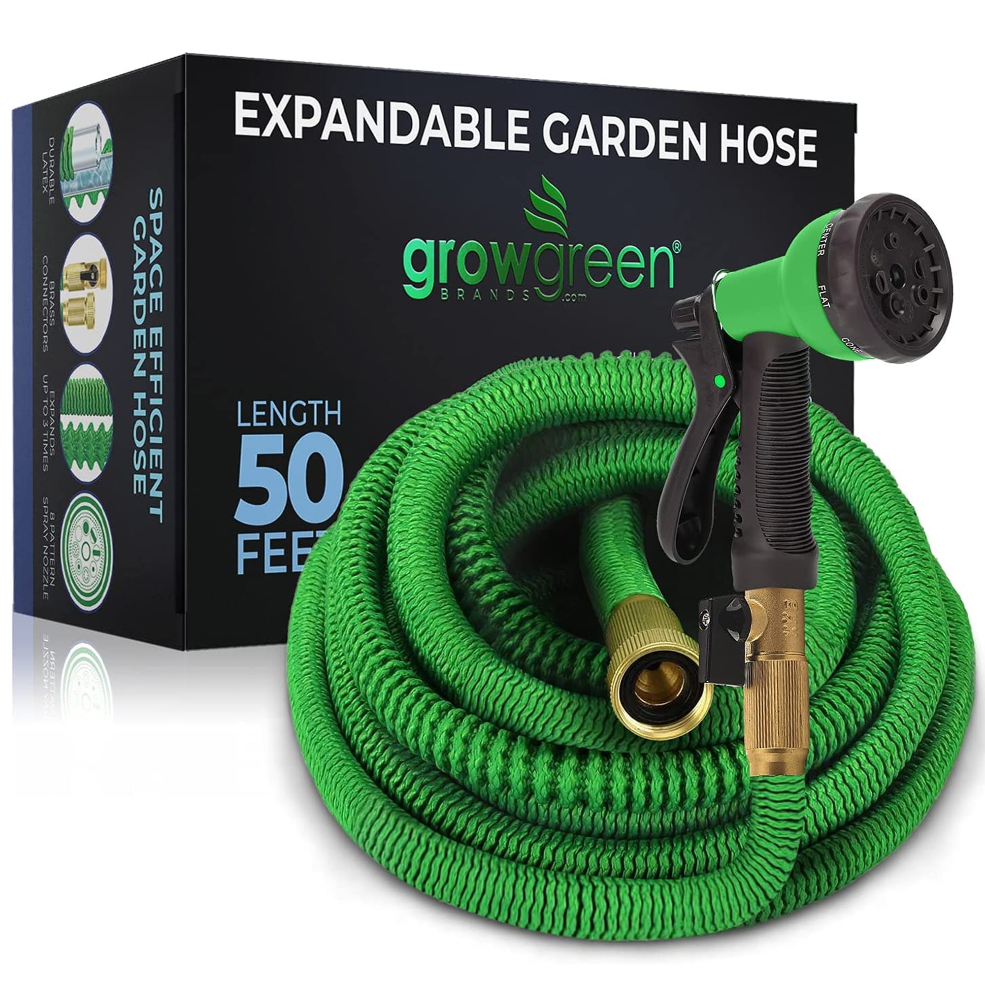 Grow Green Expandable Garden Hose with Double Latex Core Solid Brass Connectors. 50 ft. Green