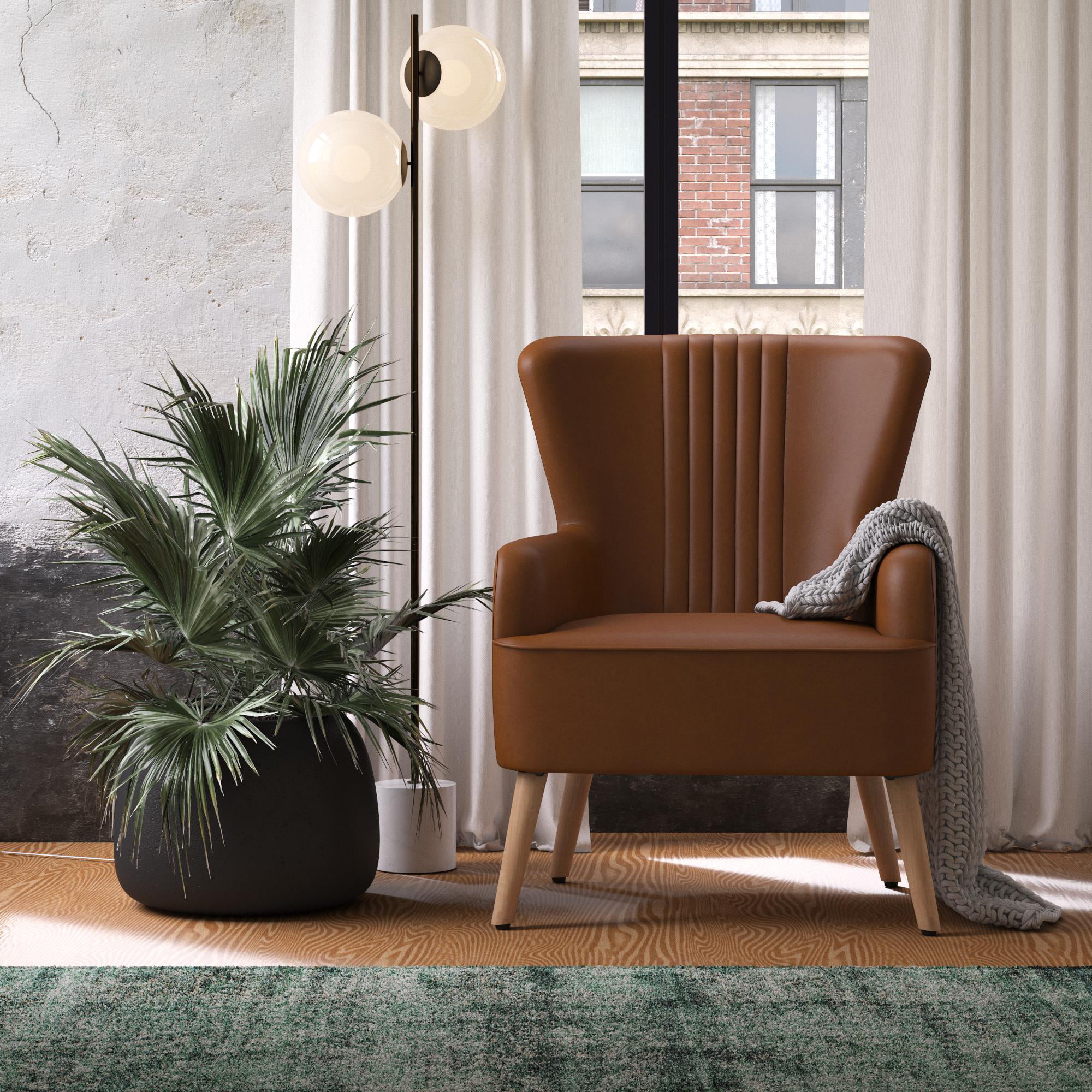 Queer Eye Wynn Wingback Chair. Camel Faux Leather