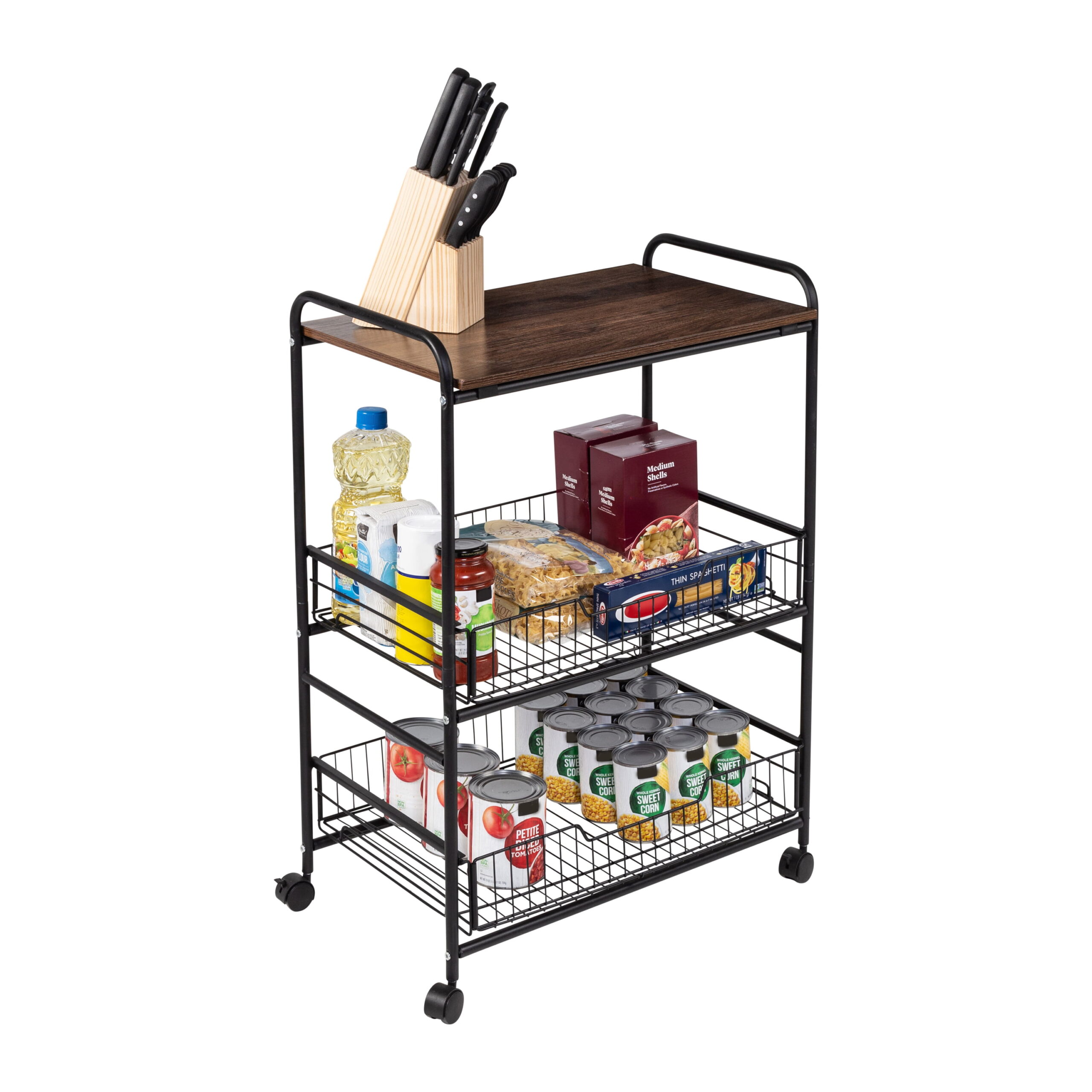 Honey Can Do 3-Tier Rolling Cart with Wood Shelf and Pull-Out Baskets. Black/Walnut