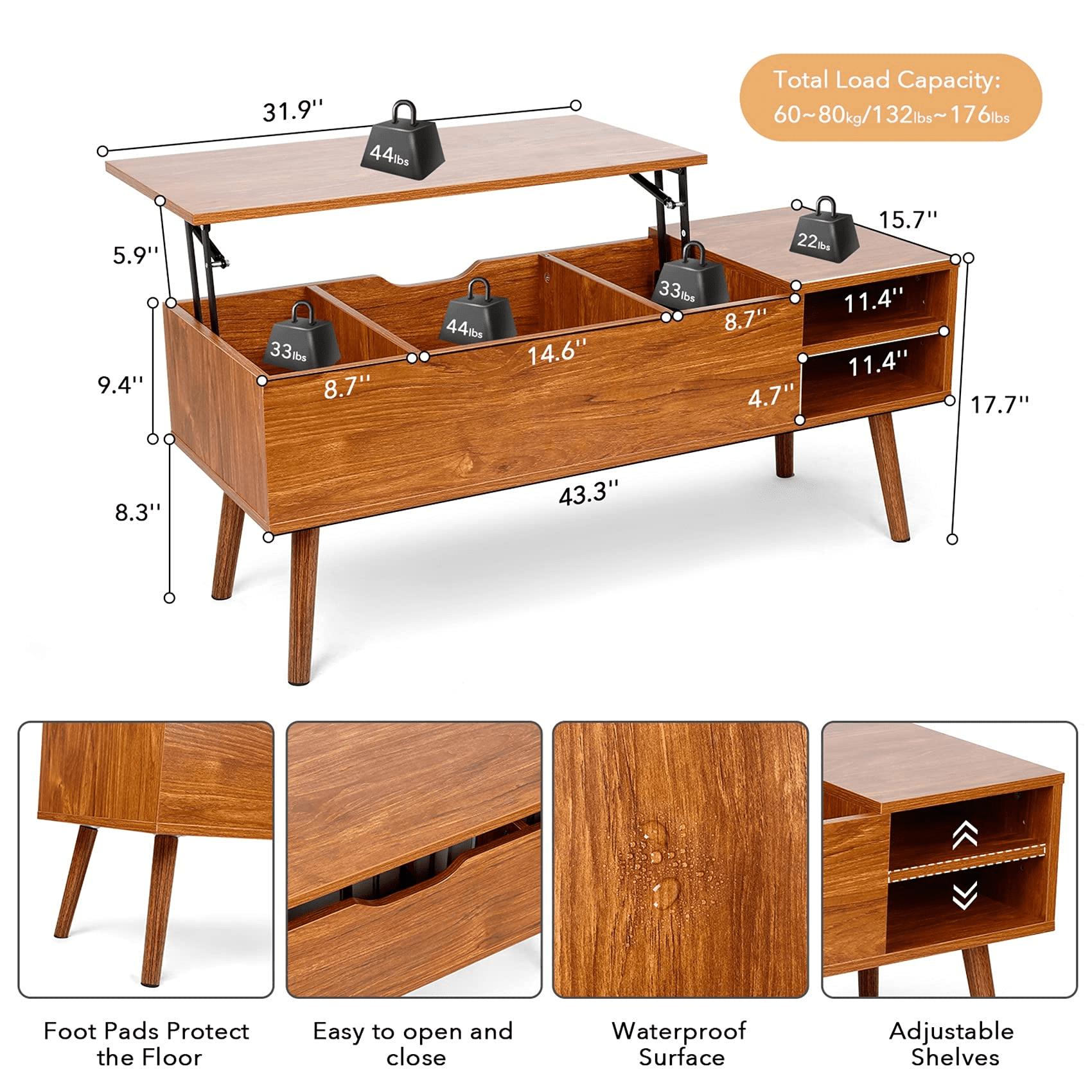 SMOOL Wooden Lift Top Coffee Table. Large Hidden Compartment Rectangular