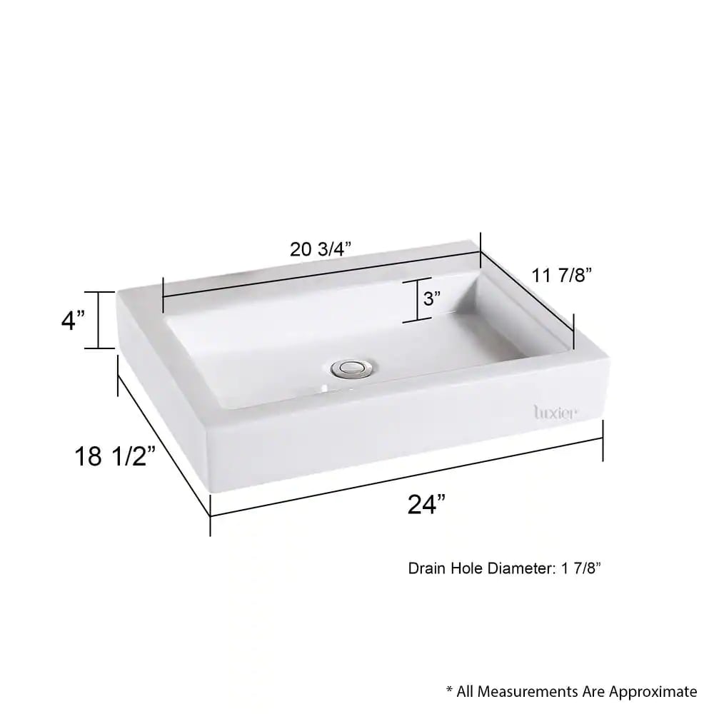 LUXIER Rectangular Bathroom Ceramic Vessel Sink Art Basin in White