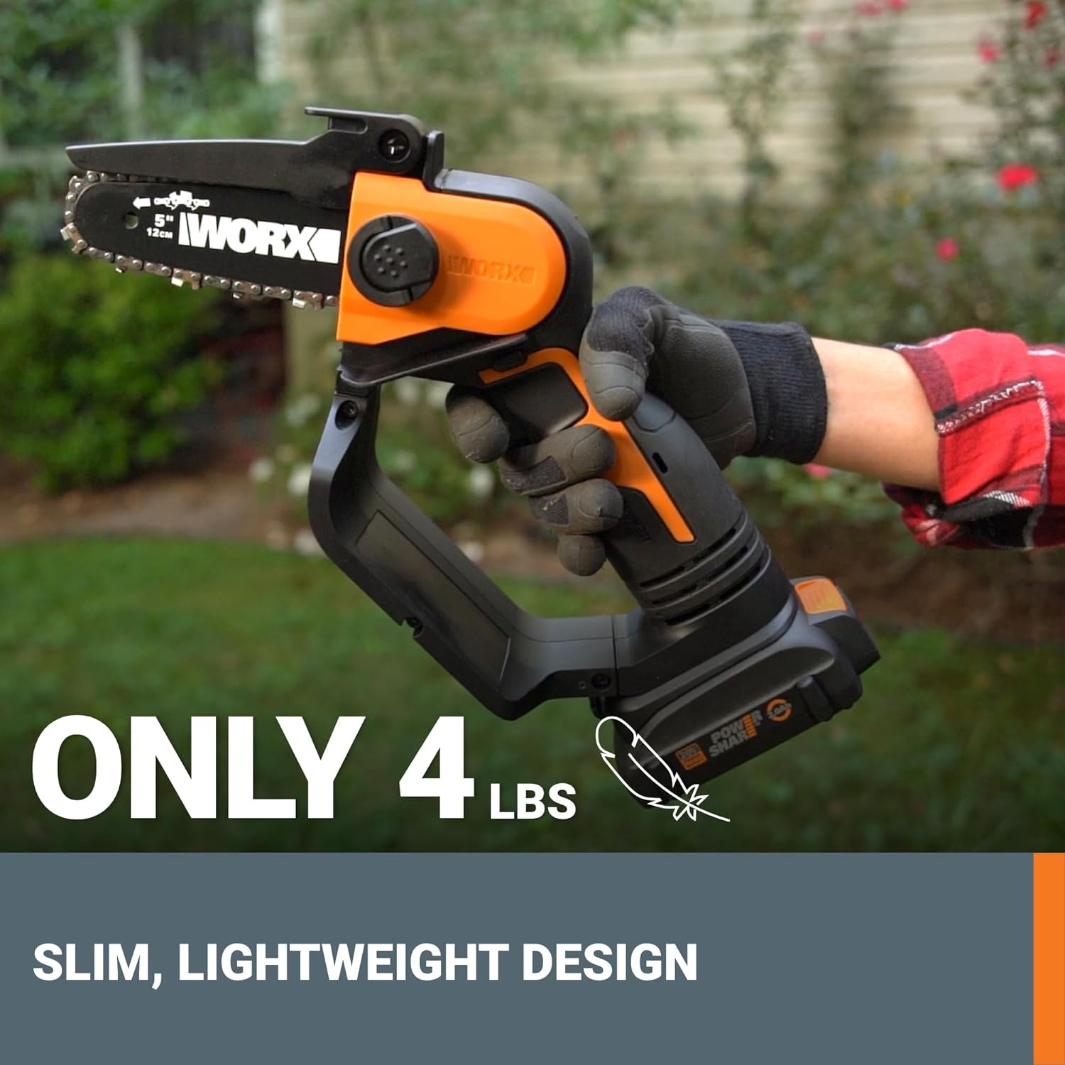 Worx 20V 5″ Mini Chainsaw Cordless 3.9 lbs.. Electric Chainsaw 22 ft/s Chain Speed. Power Share Battery Chainsaw. Purning Saw with Upper Safety Guard & Hand Guard WG324 – Battery & Charger Included