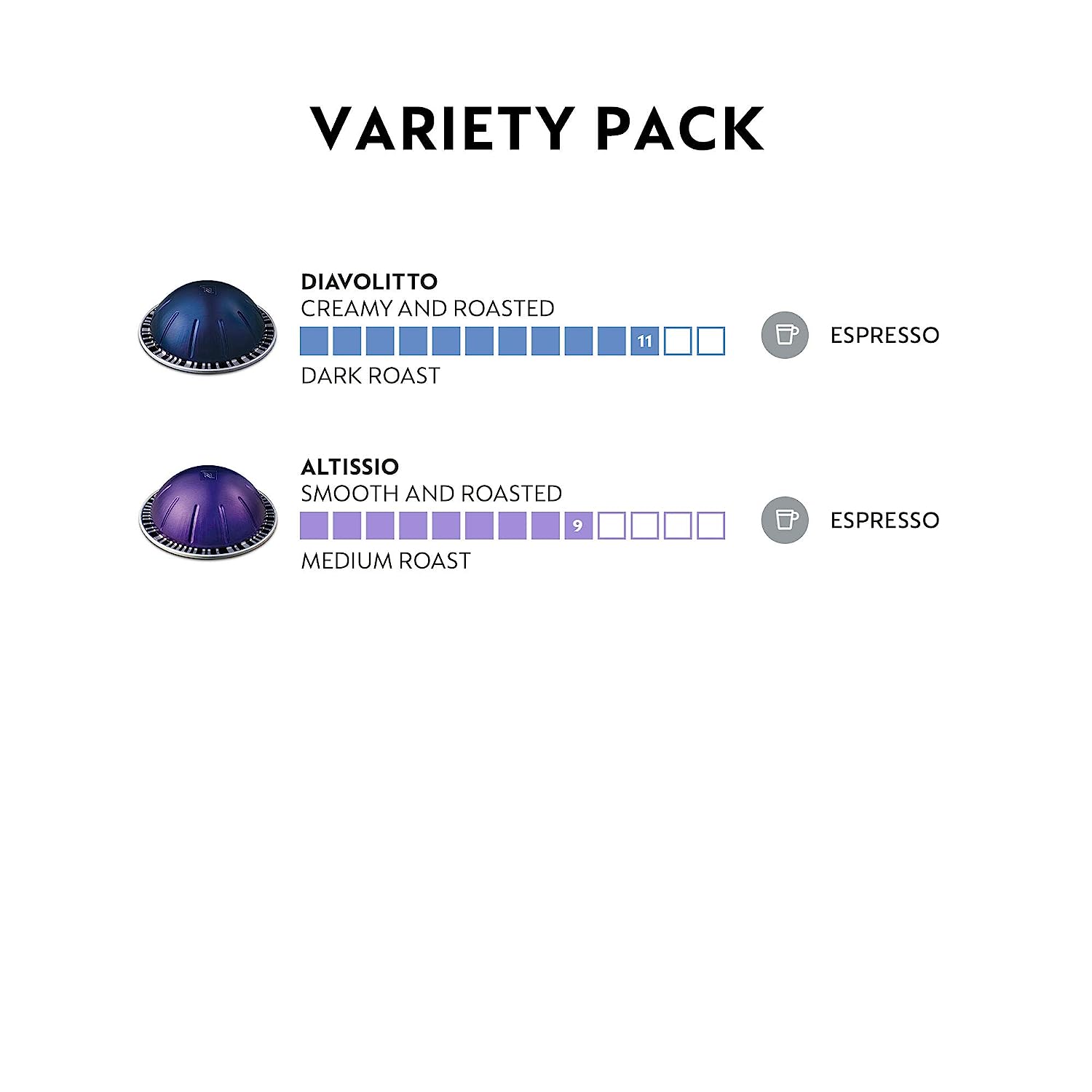 Nespresso Capsules VertuoLine. Espresso. Bold Variety Pack. Medium and Dark Roast Espresso Coffee. 40 Count Coffee Pods. Brews (VERTUOLINE ONLY). 1.35 Ounce . 10 Count (Pack of 4)