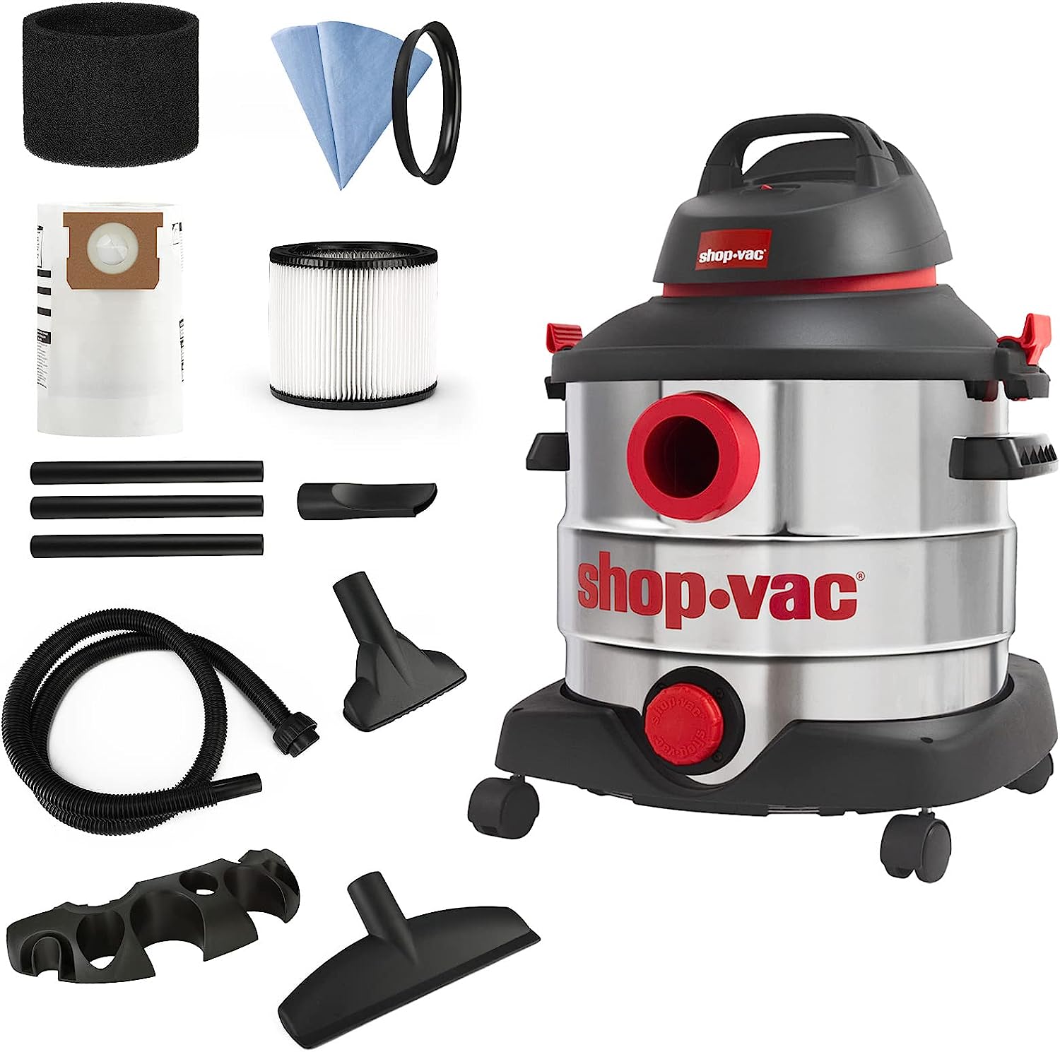 Shop-Vac 8 Gallon 6.0 Peak HP Wet/Dry Vacuum. Stainless Steel Tank. Portable Shop Vacuum with Multifunctional Attachments for Jobsite. Garage & Workshop. 5989400