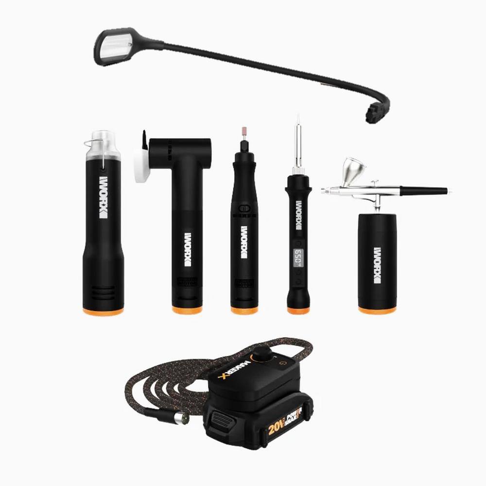 Worx WX996L MakerX 20-Volt Cordless Rotary Tool Kit w/Wood & Metal Crafter. Air Brush. Heat Gun. Grinder. LED Light & 61 Accessories