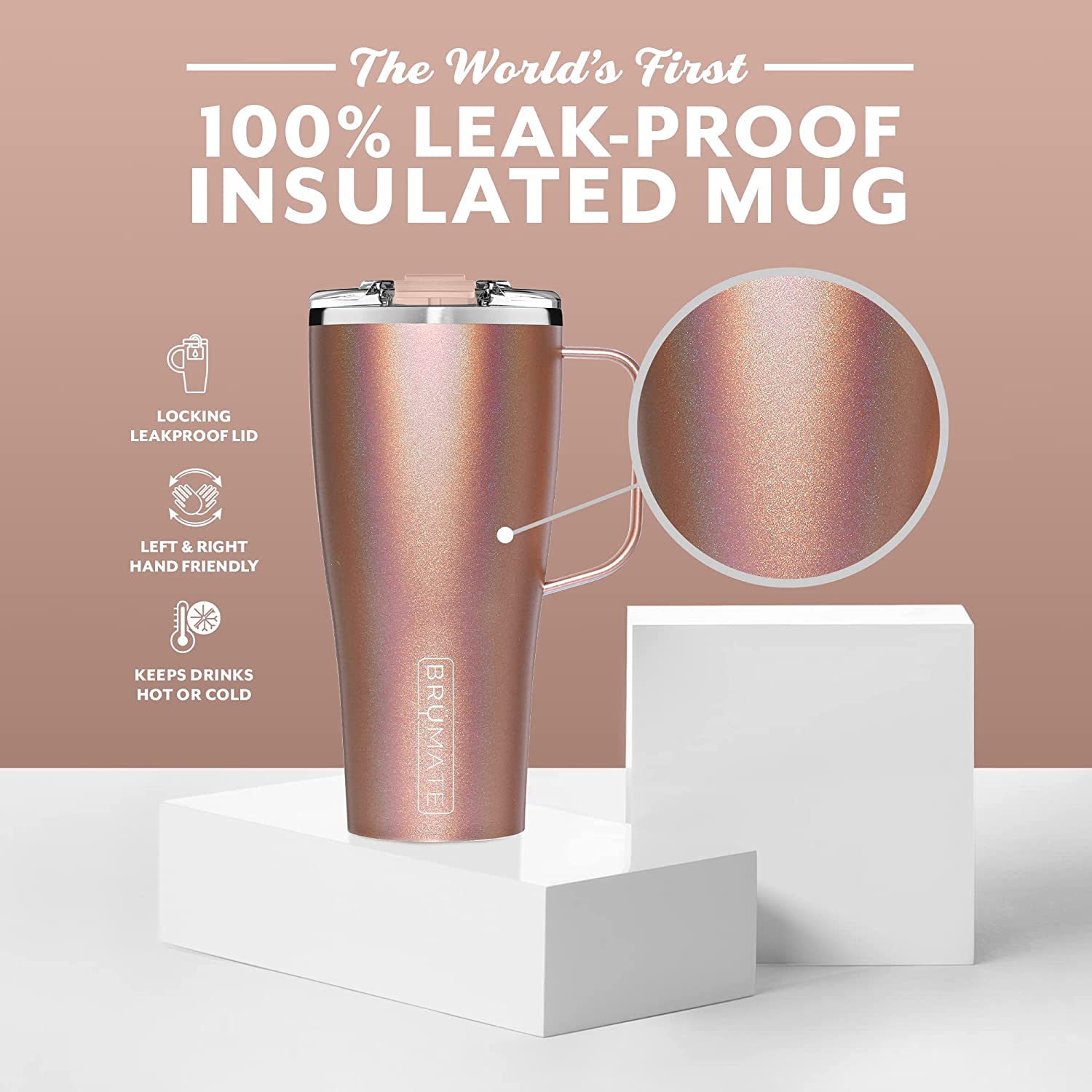 BrüMate Toddy XL - 32oz 100% Leak Proof Insulated Coffee Mug with Handle & Lid - Stainless Steel Coffee Travel Mug - Double Walled Coffee Cup (Glitter Rose Gold)