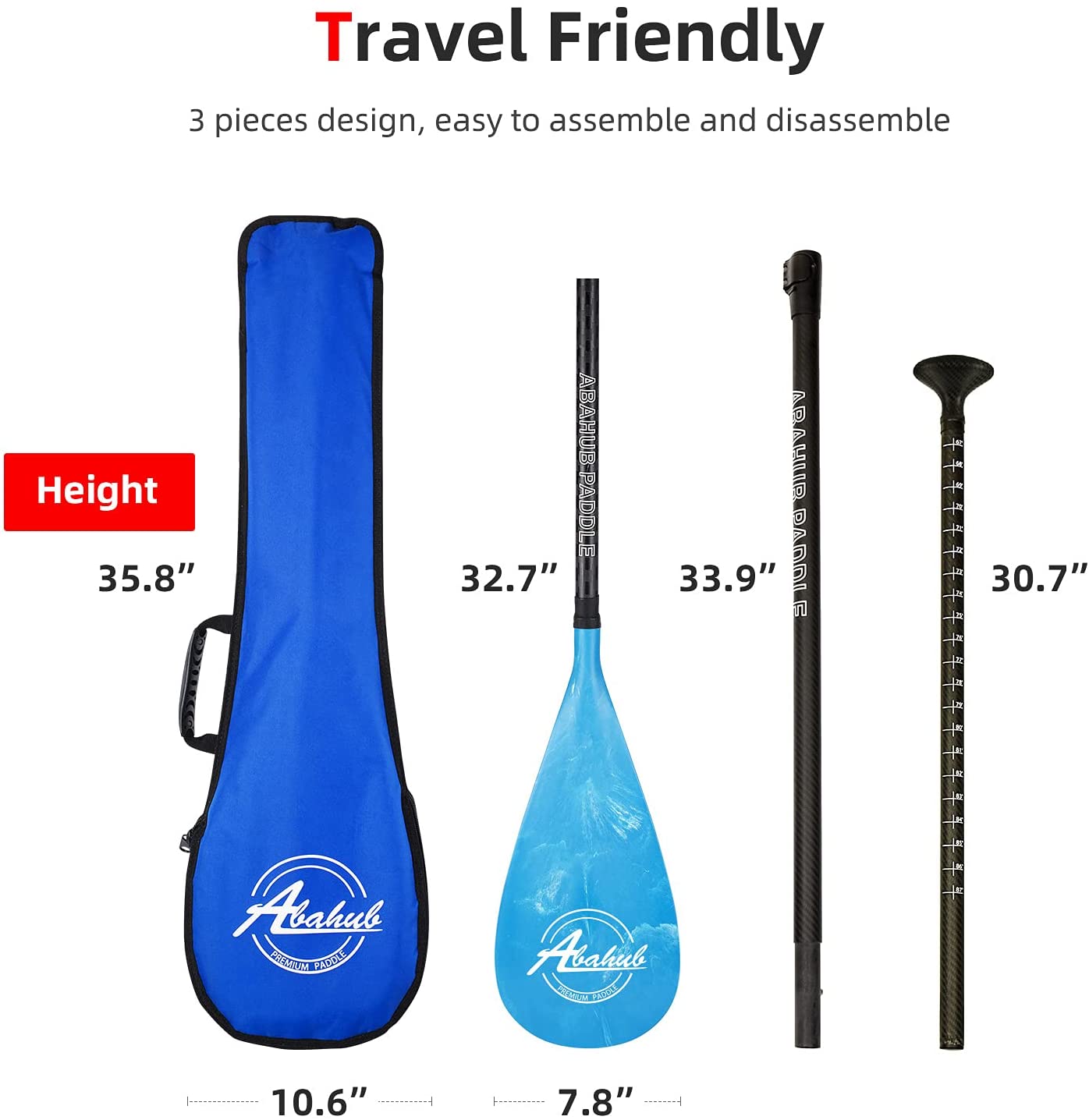 Abahub Carbon SUP Paddles. 1 x 3 Section Adjustable 67″ - 86″. Blue Wave