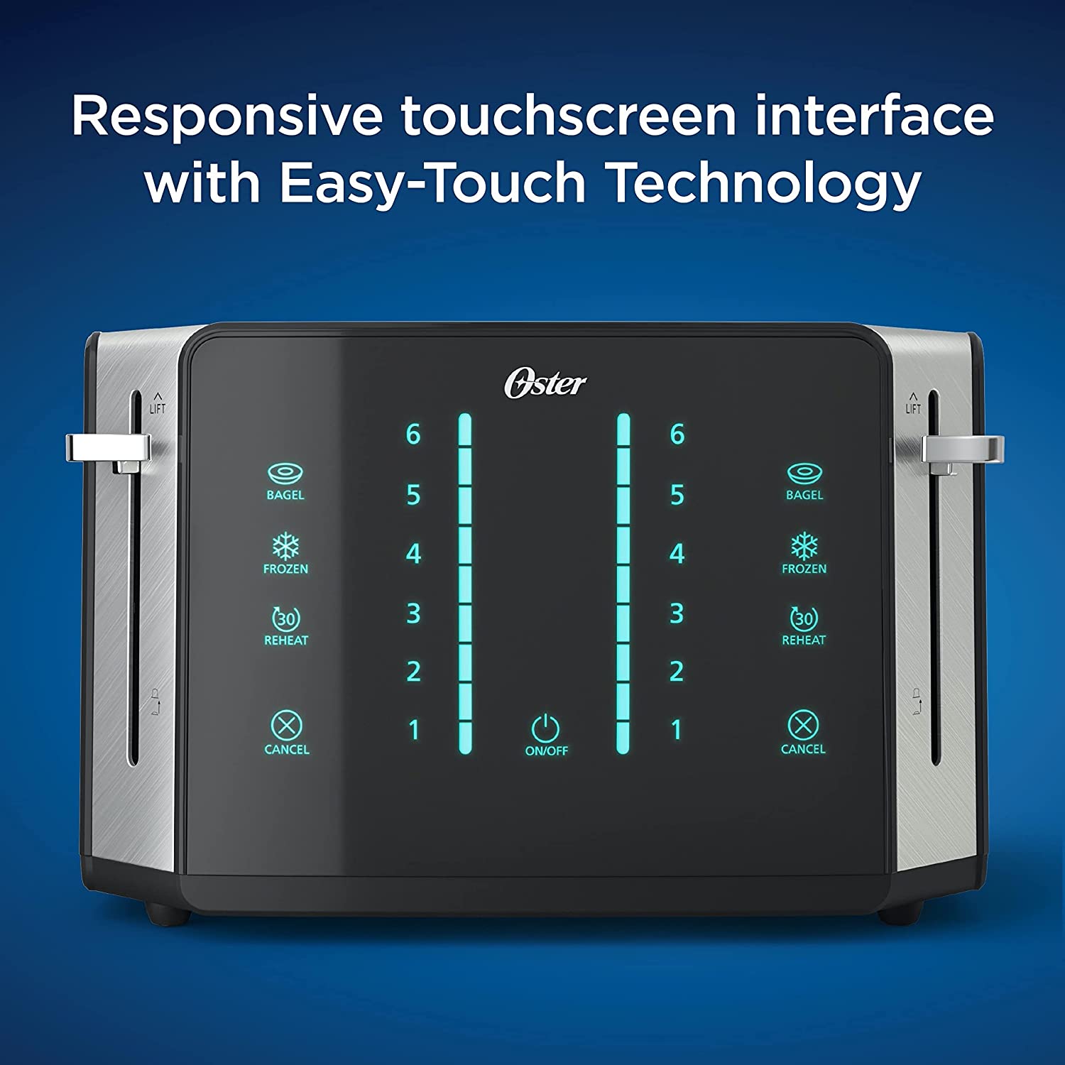 Oster 4-Slice Toaster. Touch Screen with 6 Shade Settings and Digital Timer. Black/Stainless Steel