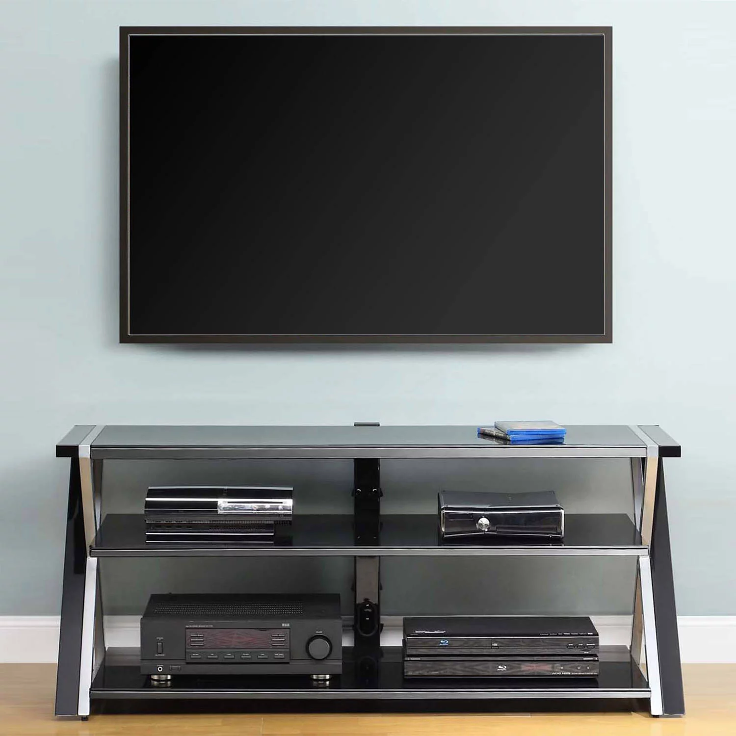 Whalen Furniture Black TV Stand for 60″ Flat Panel TVs with Tempered Glass Shelves