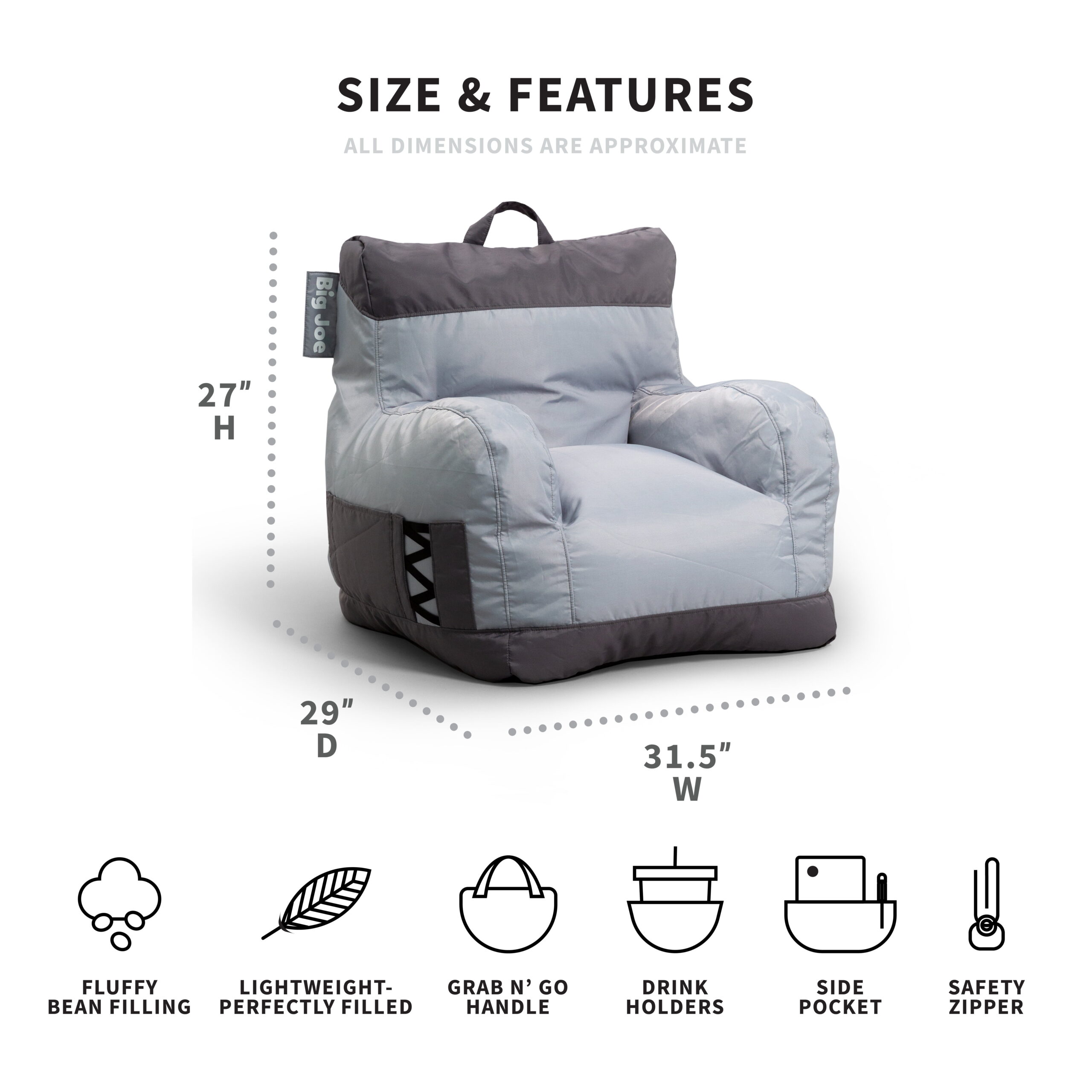 Big Joe Dorm Bean Bag Chair. Kids/Teens. Smartmax 3ft. Two Tone Gray