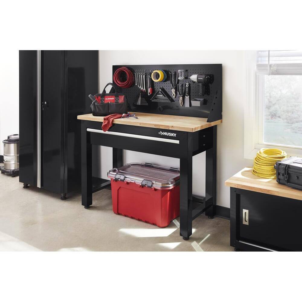 Husky G4801S-US 4 ft. Solid Wood Top Workbench in Black with Pegboard and 1 Drawer