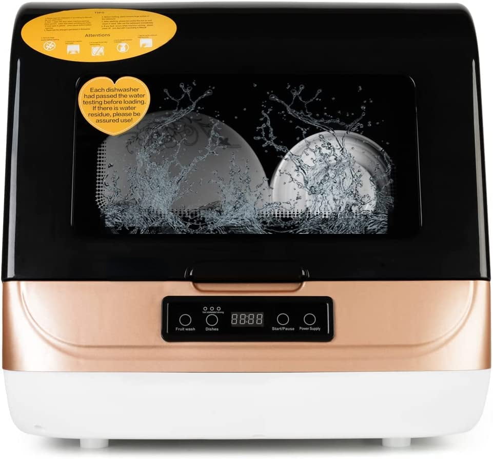 HAIMIM Portable Countertop Dishwasher.4 Washing Programs. Air-Dry Function and LED Light for Small Apartments. Dorms and RVs (Golden)