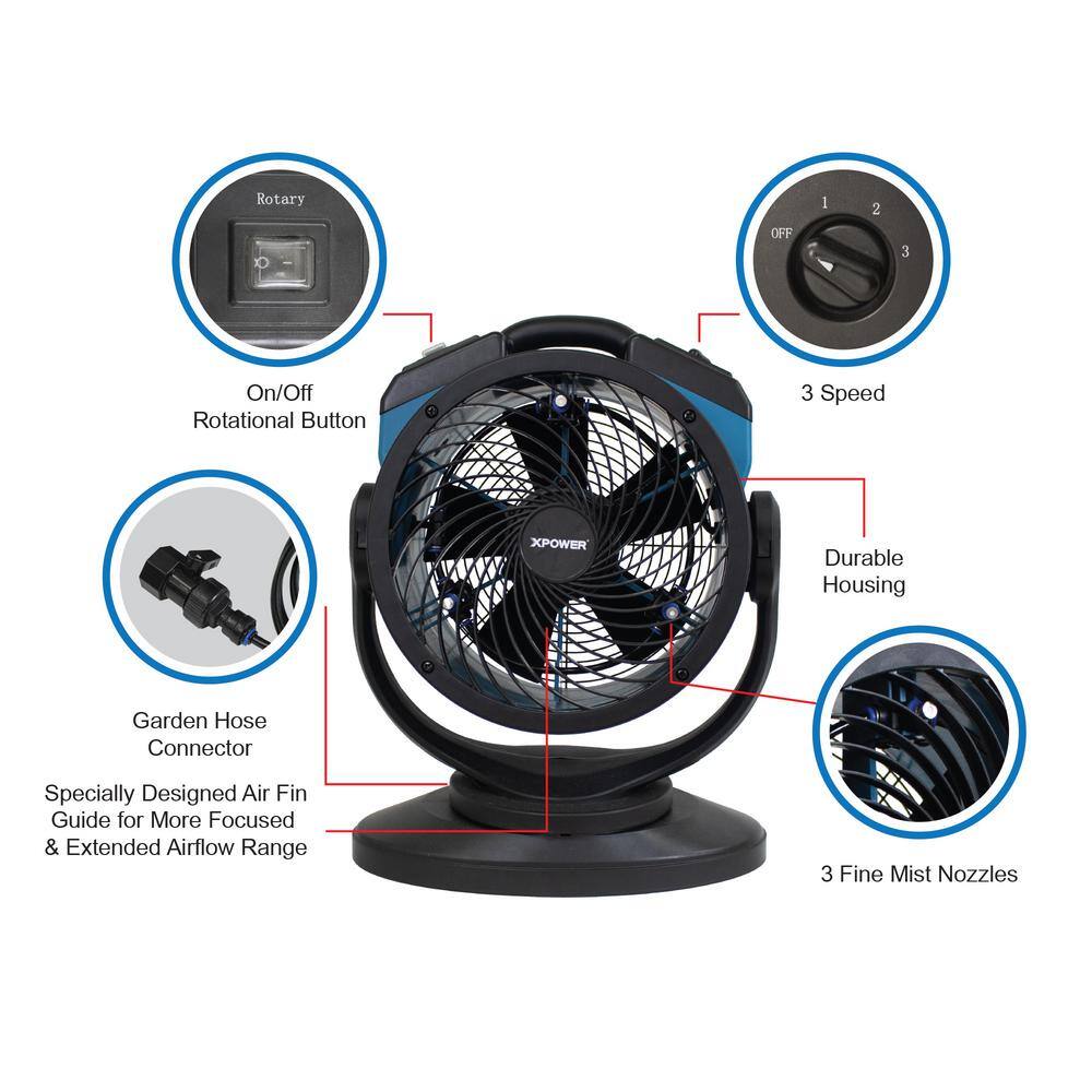 XPOWER FM-68 Oscillating Portable 3 Speed Outdoor Cooling Misting Fan and High Velocity Air Circulator
