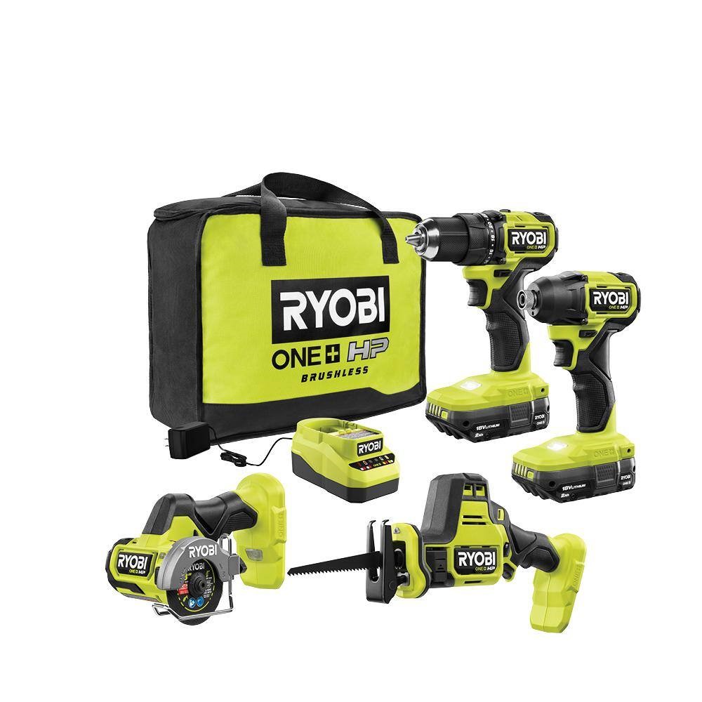 RYOBI PSBCK104K2 ONE+ HP 18V Brushless Cordless Compact 4-Tool Combo Kit with (2) 2.0 Ah Batteries. Charger. and Bag