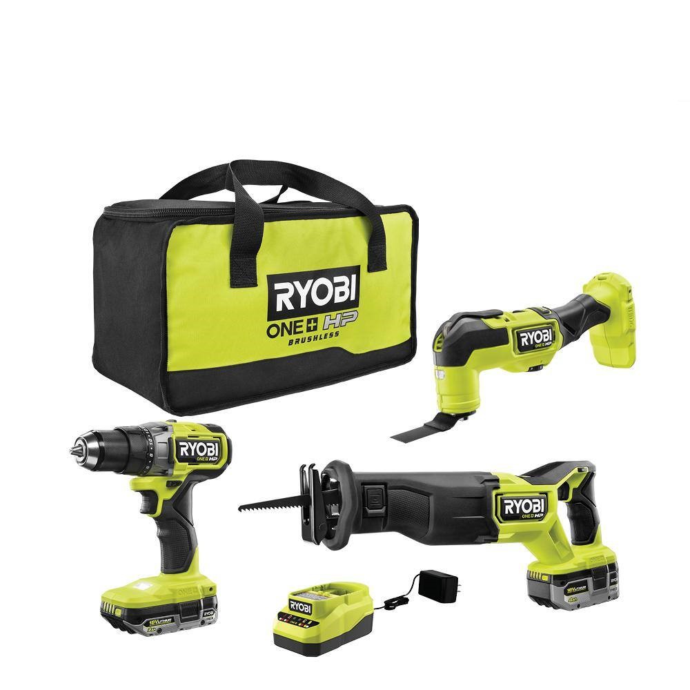 RYOBI PBLCK303K ONE+ HP 18V Brushless Cordless Combo Kit (3-Tool) with (2) HIGH PERFORMANCE Batteries. Charger. and Bag