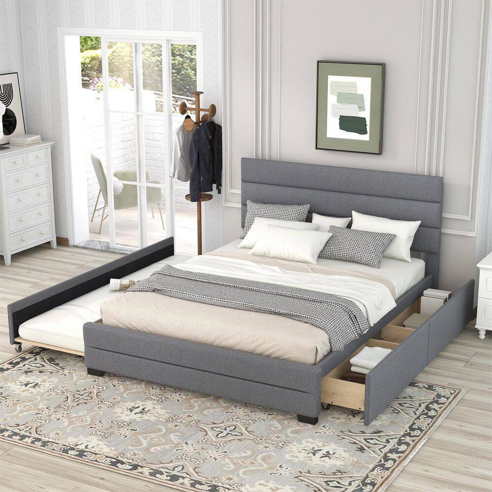 GODEER  Gray Wood Frame Queen Upholstered Platform Bed with Trundle and 2-Drawers