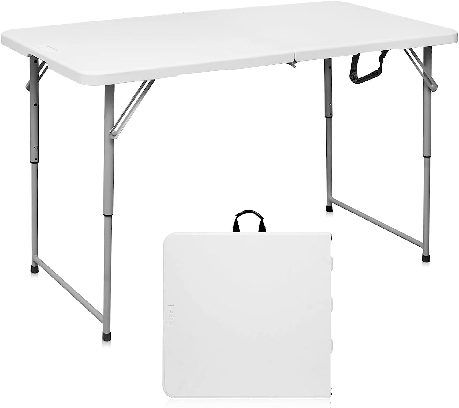 Byliable Folding Table 4 Foot Portable Heavy Duty Plastic Fold-in-Half Utility Foldable Table Small Indoor Outdoor Adjustable Height Folding Table with Carrying Handle. Camping and Party