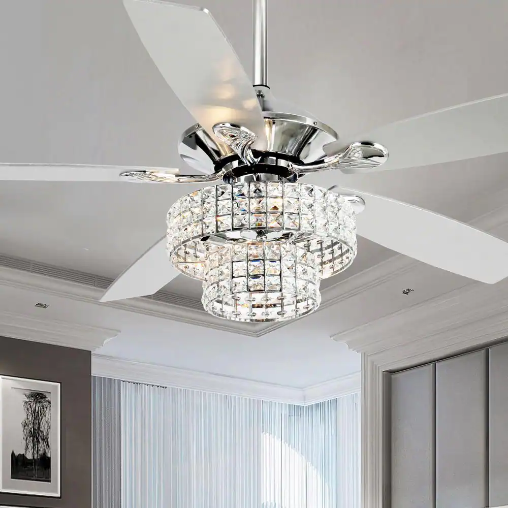 Parrot F6215A110V Uncle Howell 52 in. Indoor Chrome Downrod Mount Crystal Chandelier Ceiling Fan with Light Kit and Remote Control