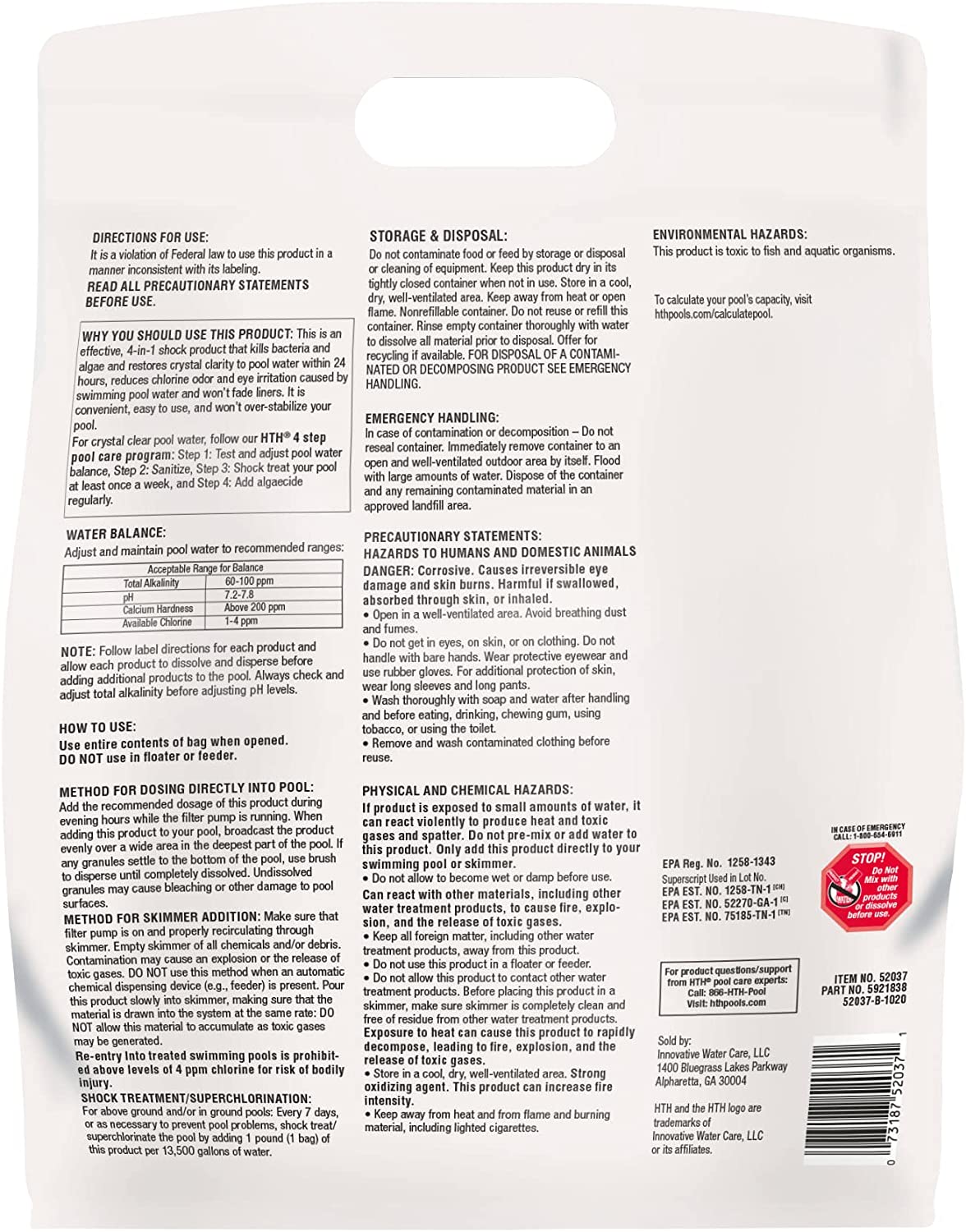 HTH 52037 Swimming Pool Care Shock Advanced. Swimming Pool Chemical. Cal Hypo Formula. 12 Count(Pack of 1)