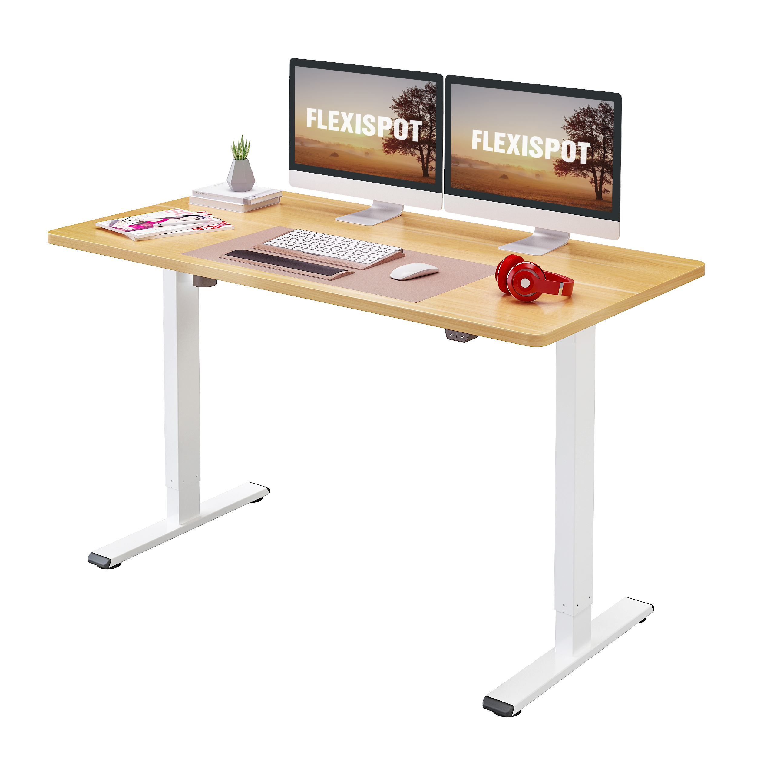 FlexiSpot Home Office Electric Height Adjustable Standing Desk 55″ x 28″ Computer Desk White Frame and Maple Top