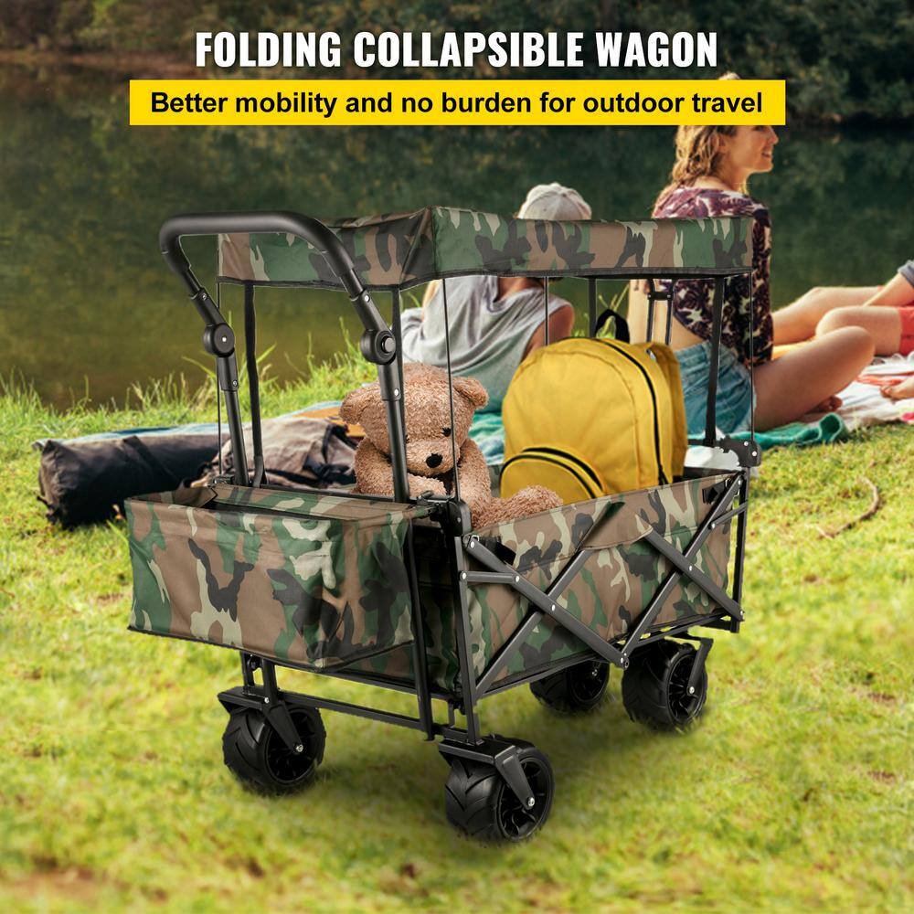 VEVOR DZDPTC-MCSHSKU001V0 3 cu.ft. Collapsible Folding Outdoor Utility Wagon Steel Collapsible Garden Cart with Removable Canopy. Camouflage