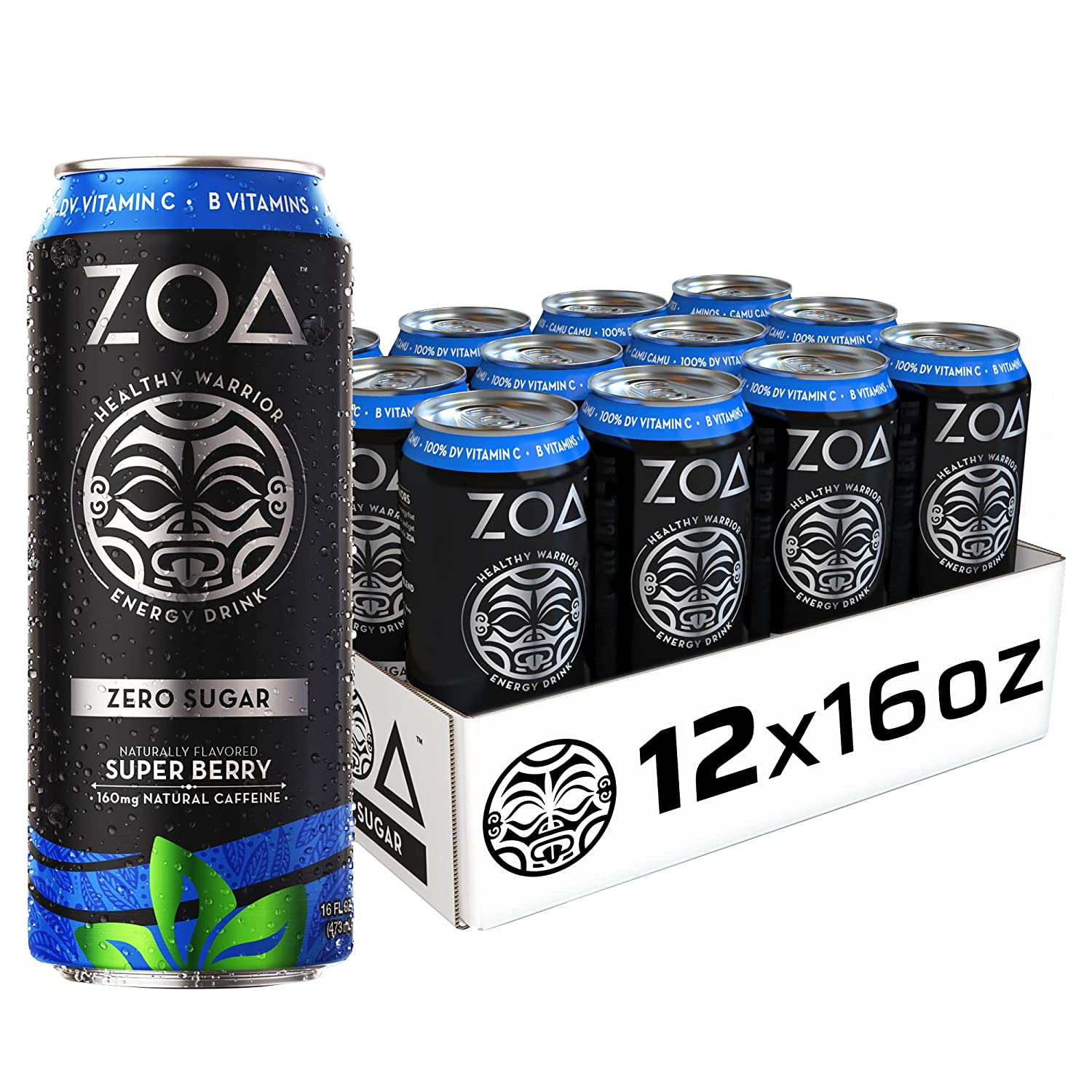 ZOA Zero Sugar Healthy. Positive Energy Drink. Super Berry. 16 fl. oz. (12 Pack)