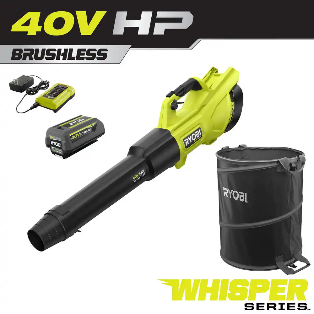 RYOBI RY404130-LB 40V HP Brushless Whisper Series 155 MPH 600 CFM Cordless Battery Blower with Lawn and Leaf Bag. 4.0 Ah Battery & Charger