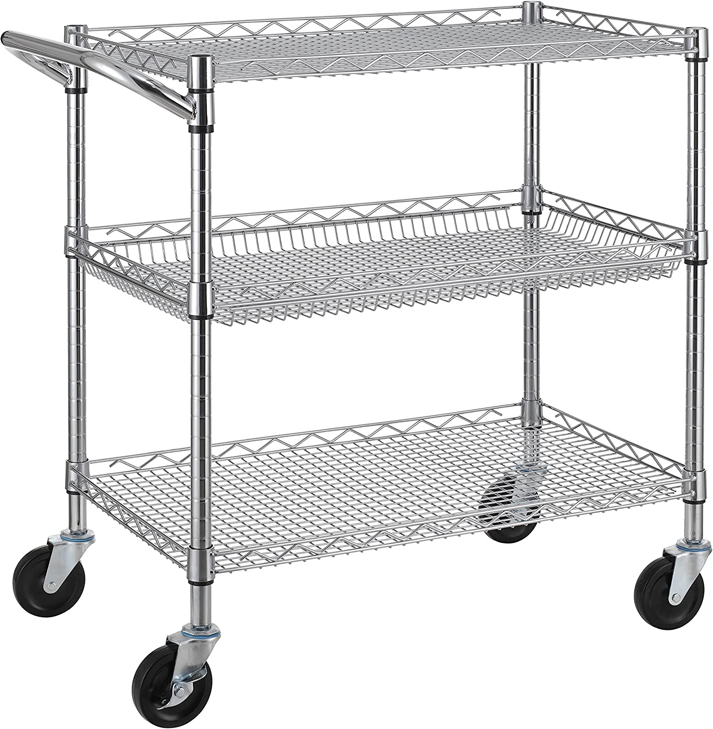 Finnhomy 3 Tier Heavy Duty Commercial Grade Utility Cart. Wire Rolling Cart with Handle Bar. Steel Service Cart with Wheels. Utility Shelf Plant Display Shelf Food Storage Trolley. NSF Listed