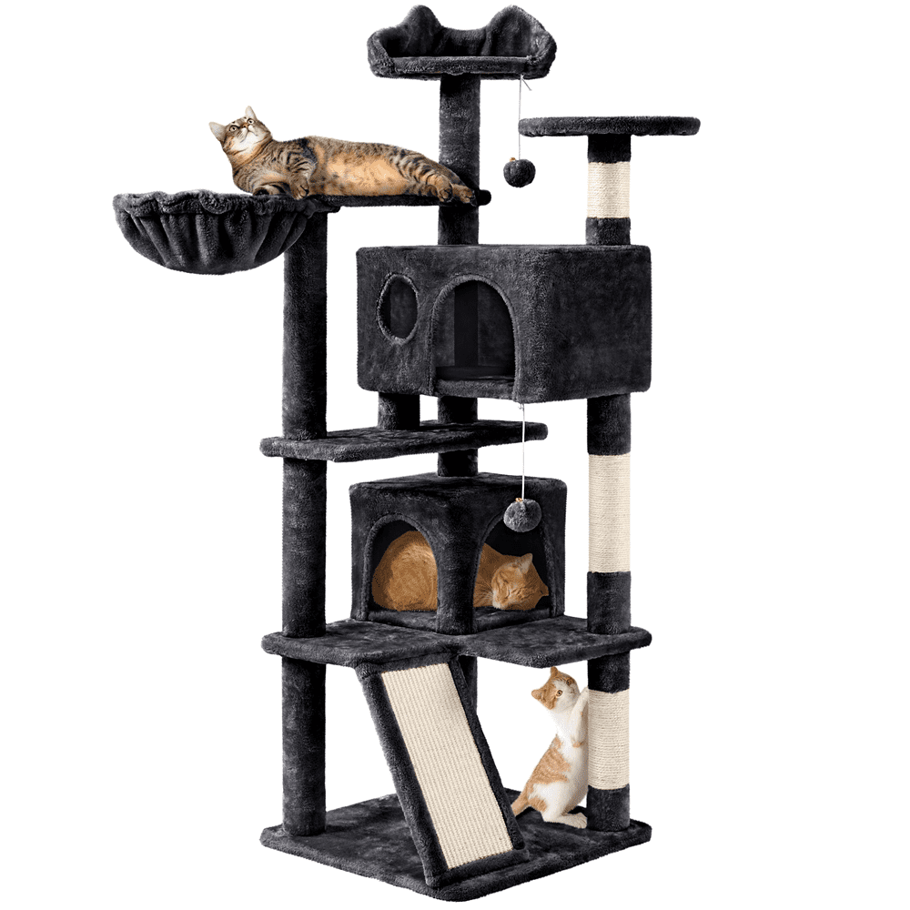 SmileMart 54″ Double Condo Cat Tree with Scratching Post Tower. Black