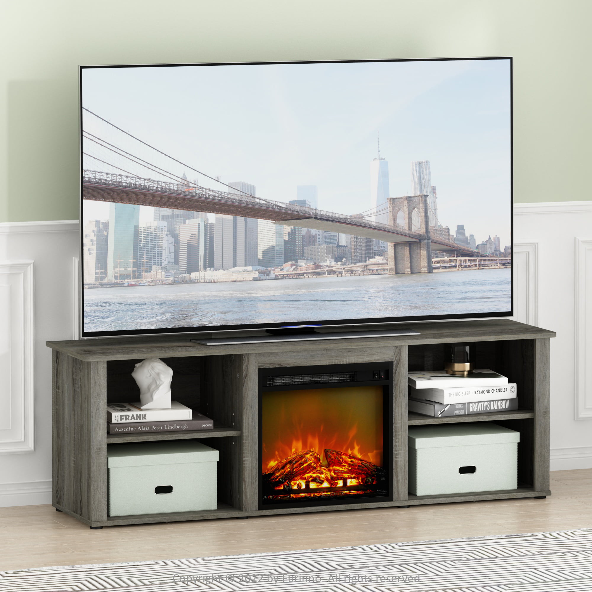 Furinno Montale 70 Inch TV Stand with Fireplace. French Oak Grey