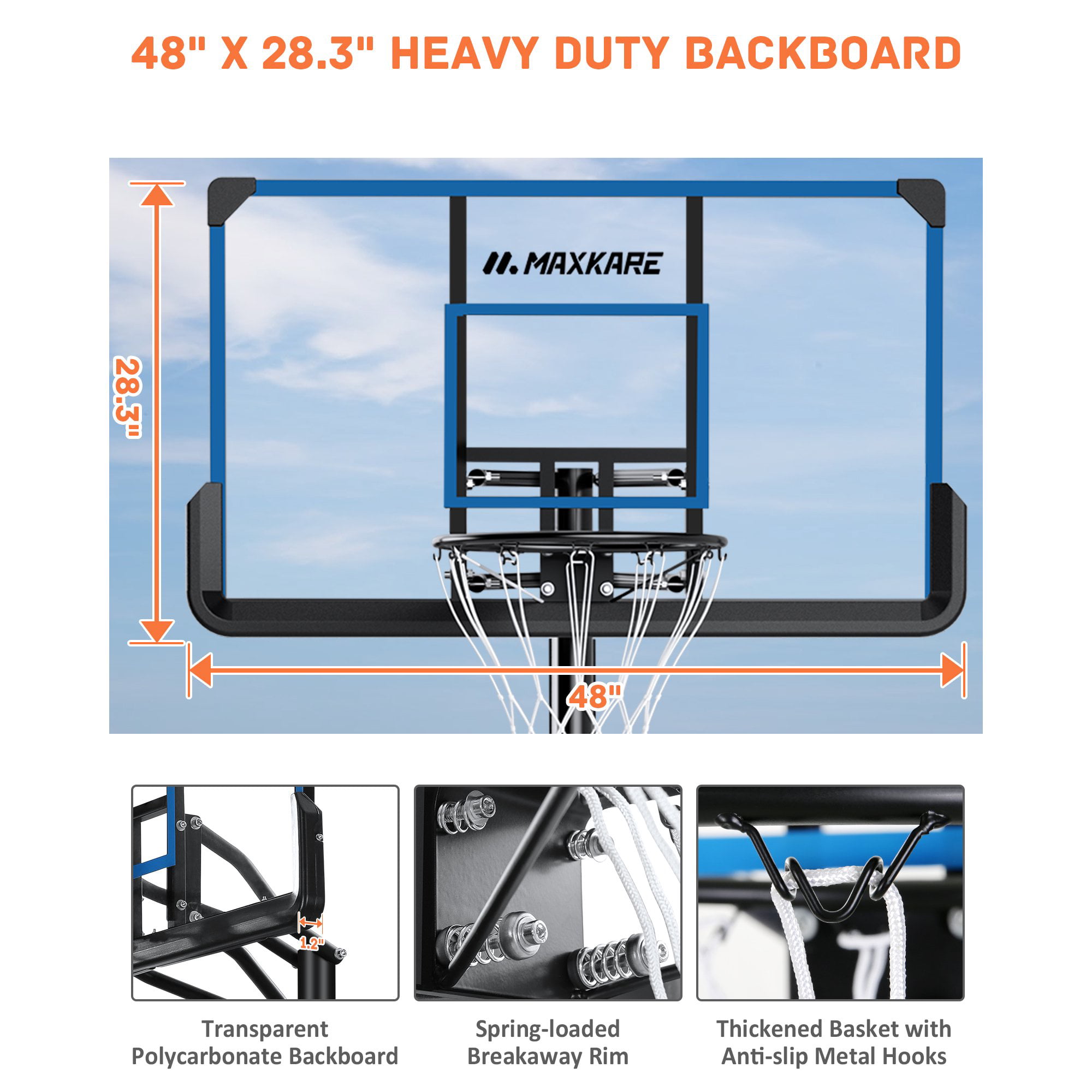 MaxKare 48” Portable Basketball Hoop Basketball Goal 7-6” - 10′ Height Adjustable and Adjustable Angled Pole Outdoor Court Equipment with Wheels for Adults Kids Indoor Home Use
