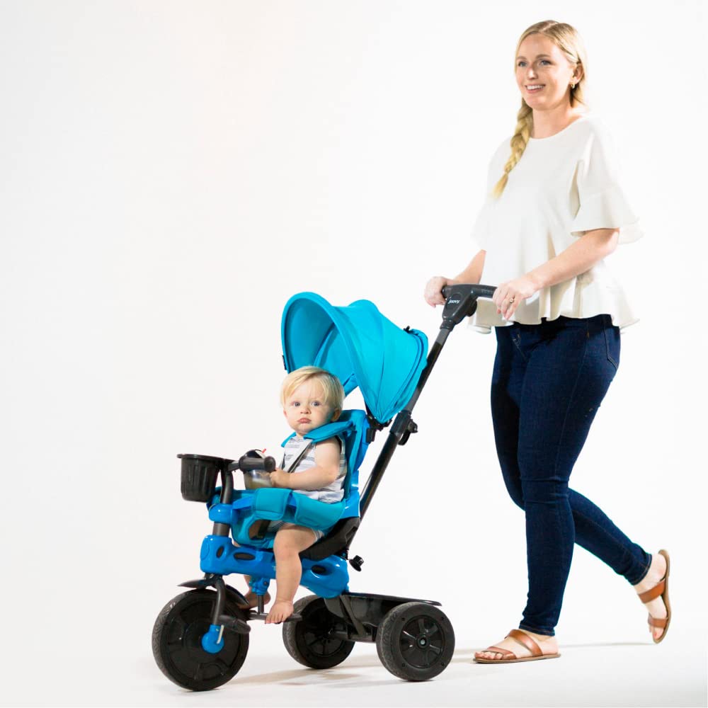 Joovy Tricycoo 4.1 Kids Tricycle with 4-Stages Featuring Extra-Wide Front Tire. Removable and Adjustable Parent Handle. Safety Harness. Machine-Washable Seat Pad. and Retractable Canopy (Blue)