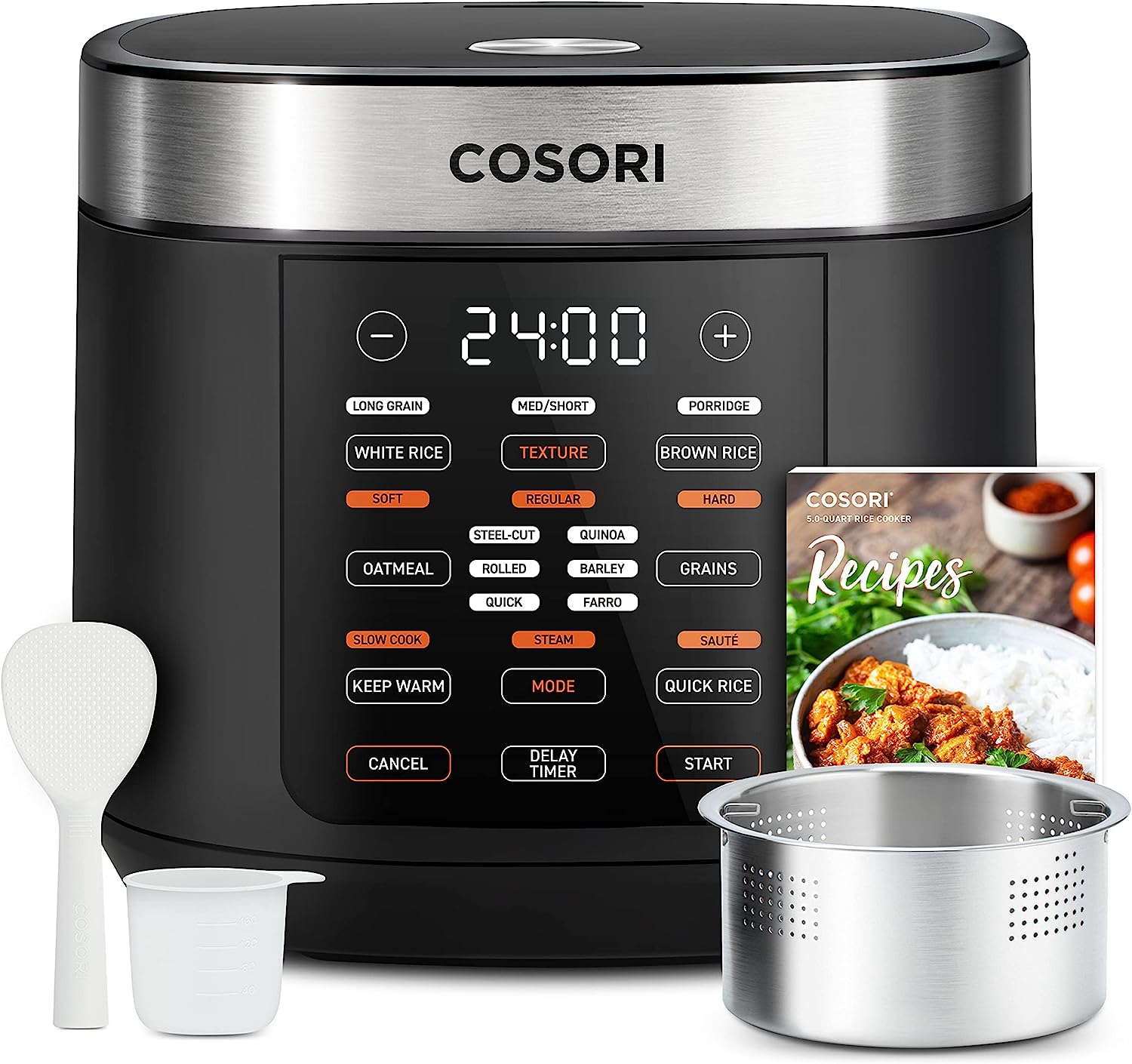 COSORI Rice Cooker Large Maker 10 Cup Uncooked 18 Functions. Japanese Style Fuzzy Logic Micom Technology. Texture Optional. 50 Recipes. Stainless Steel Steamer. Warmer. Timer. Olla Arrocera Electrica.Black