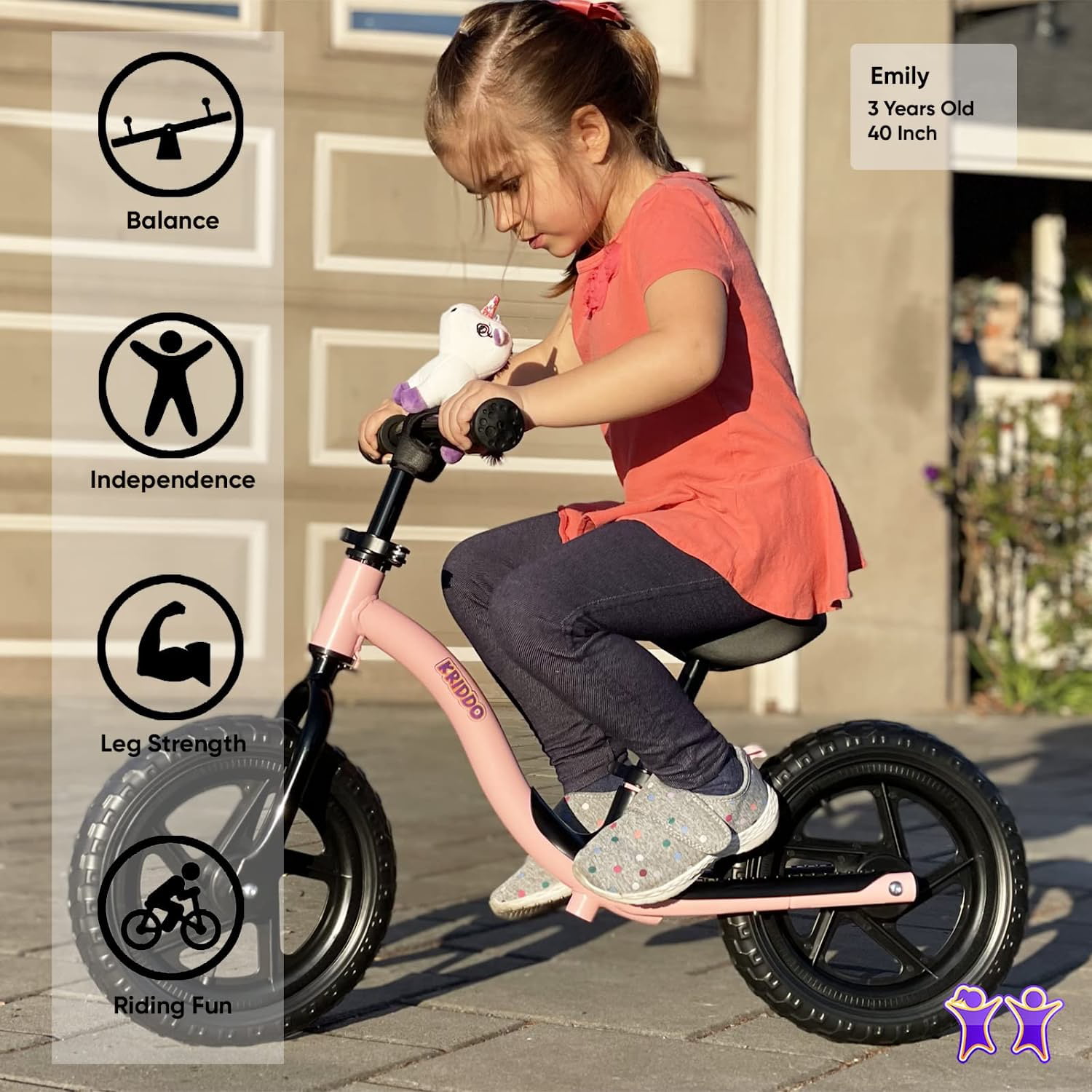 KRIDDO Toddler Balance Bike 2 Year Old. Early Learning Interactive Push Bicycle with Steady Balancing and Footrest. Pink