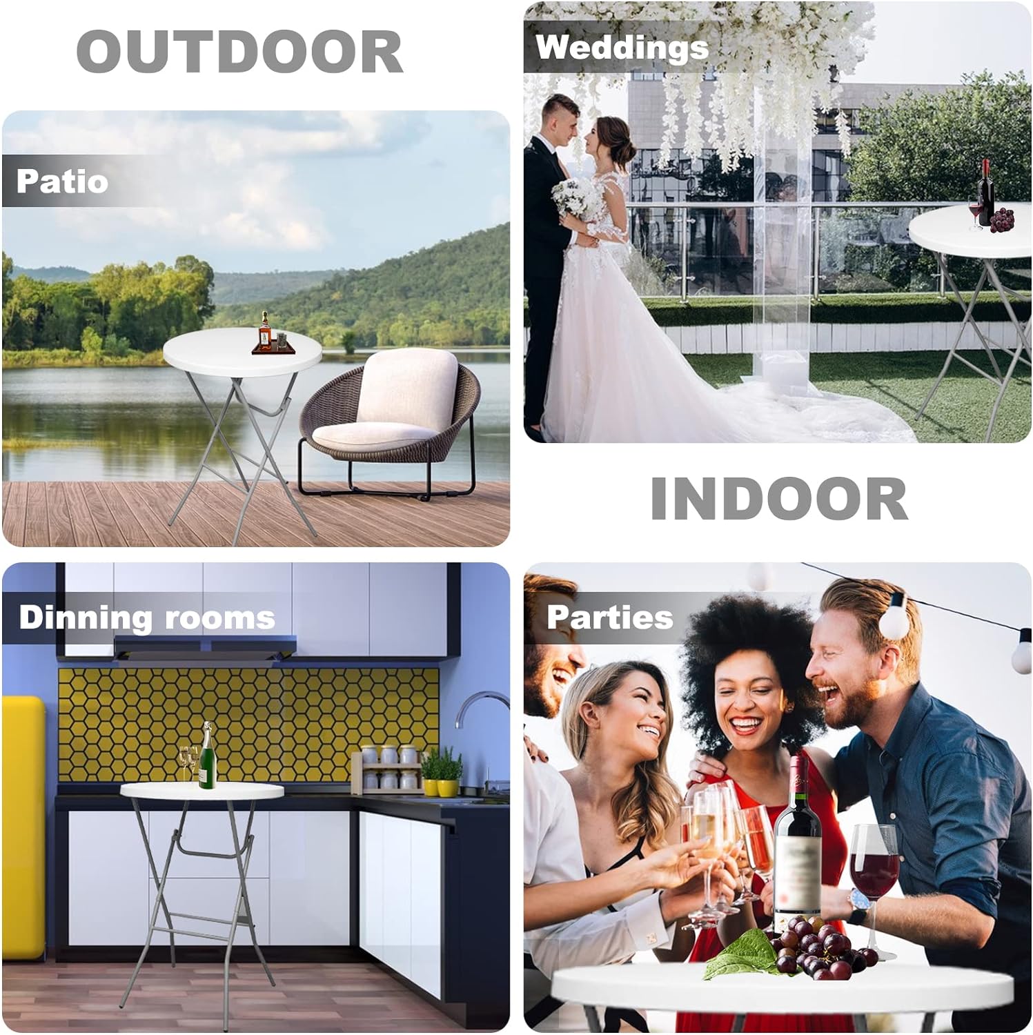 Byliable 32in Round Folding Table Folding Cocktail Table. High Top Table Indoor Outdoor. White Bar Table for Parties. Patio. Backyard. Dining Room. Weddings. Removable Steel Frame- 2PCS