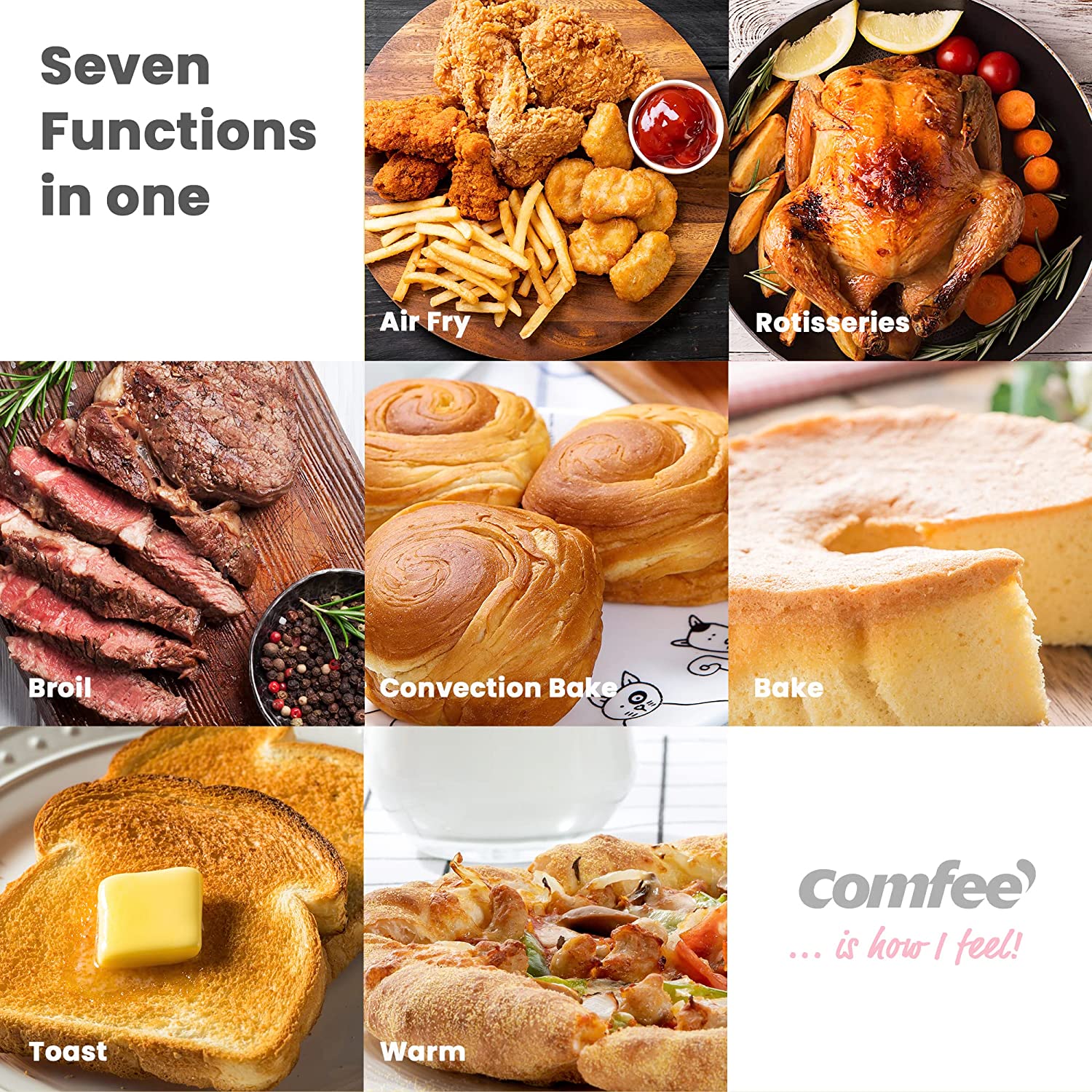 COMFEE- Retro Air Fry Toaster Oven. 7-in-1. 1500W. 19QT Capacity. 6 Slice. Air Fry. Rotisseries. Warm. Broil. Toast. Bake. Convection Bake. Black. Perfect for Countertop