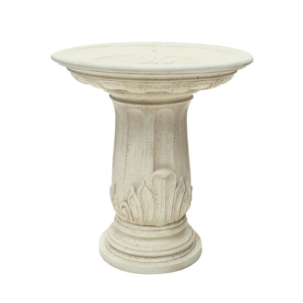 MPG PF6284AW 32.5 in. H. Aged White Cast Stone Fiberglass Royal Leaf Round Birdbath