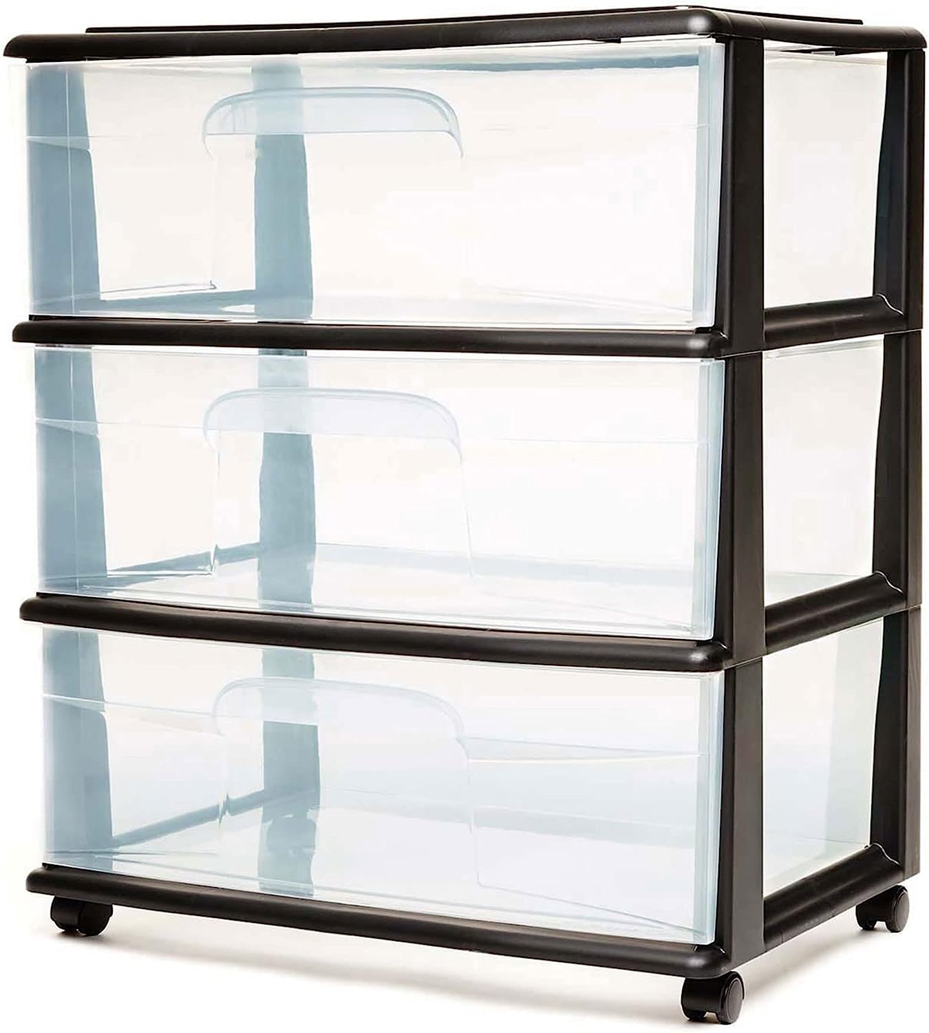 HOMZ Plastic 3 Drawer Wide Cart. Black Frame. Clear Drawers. 4 Casters included. Set of 1