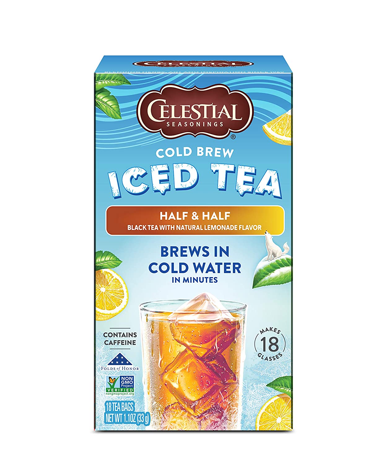 Celestial Seasonings Cold Brew Iced Tea. Half and Half Iced Back Tea and Lemonade. Contains Caffeine. 18 Tea Bags per bag (Pack of 6)