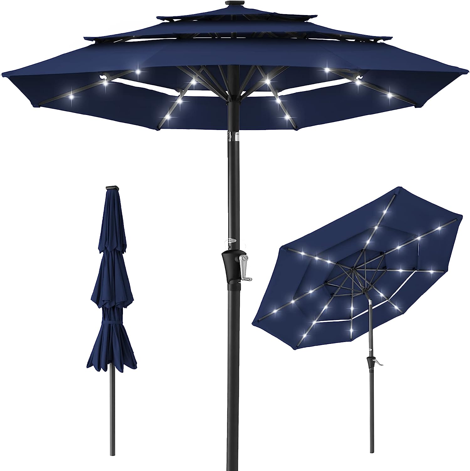 Best Choice Products 10ft 3-Tier Solar Patio Umbrella. Outdoor Market Sun Shade for Backyard. Deck. Poolside w/ 24 LED Lights. Tilt Adjustment. Easy Crank. 8 Ribs - Navy