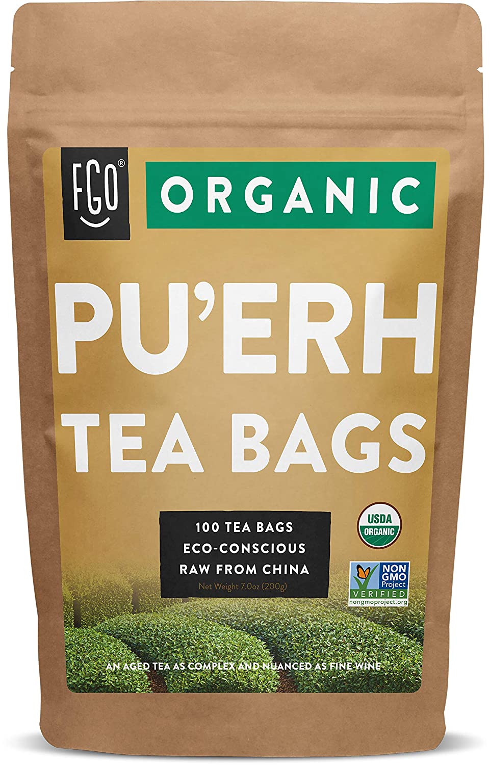 FGO Organic Pu-erh Tea Bags 100 Tea Bags Eco-Conscious Tea Bags in Kraft Bag